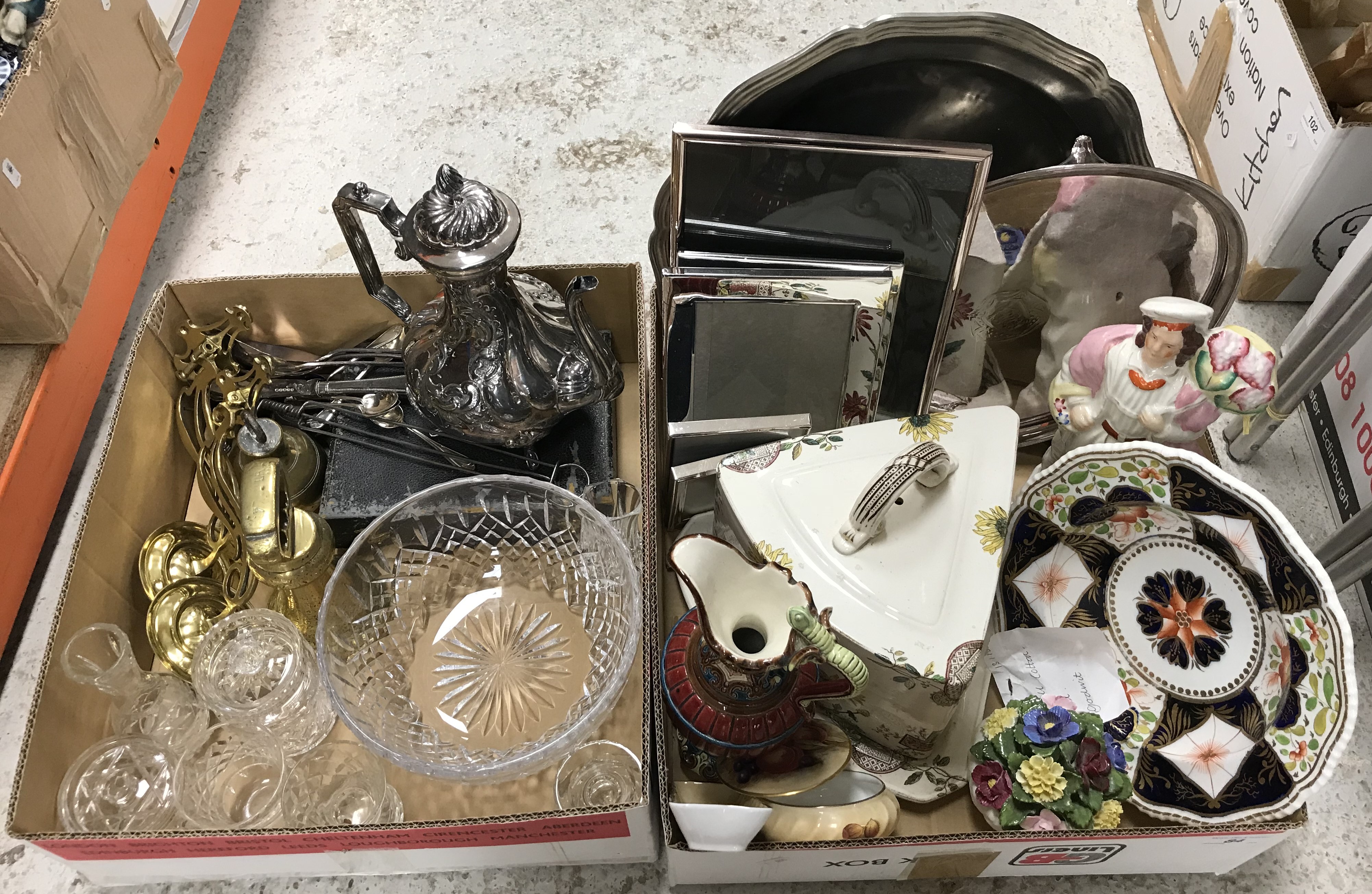 Two boxes of assorted decorative china, glass and metal wares to include fruit bowl,