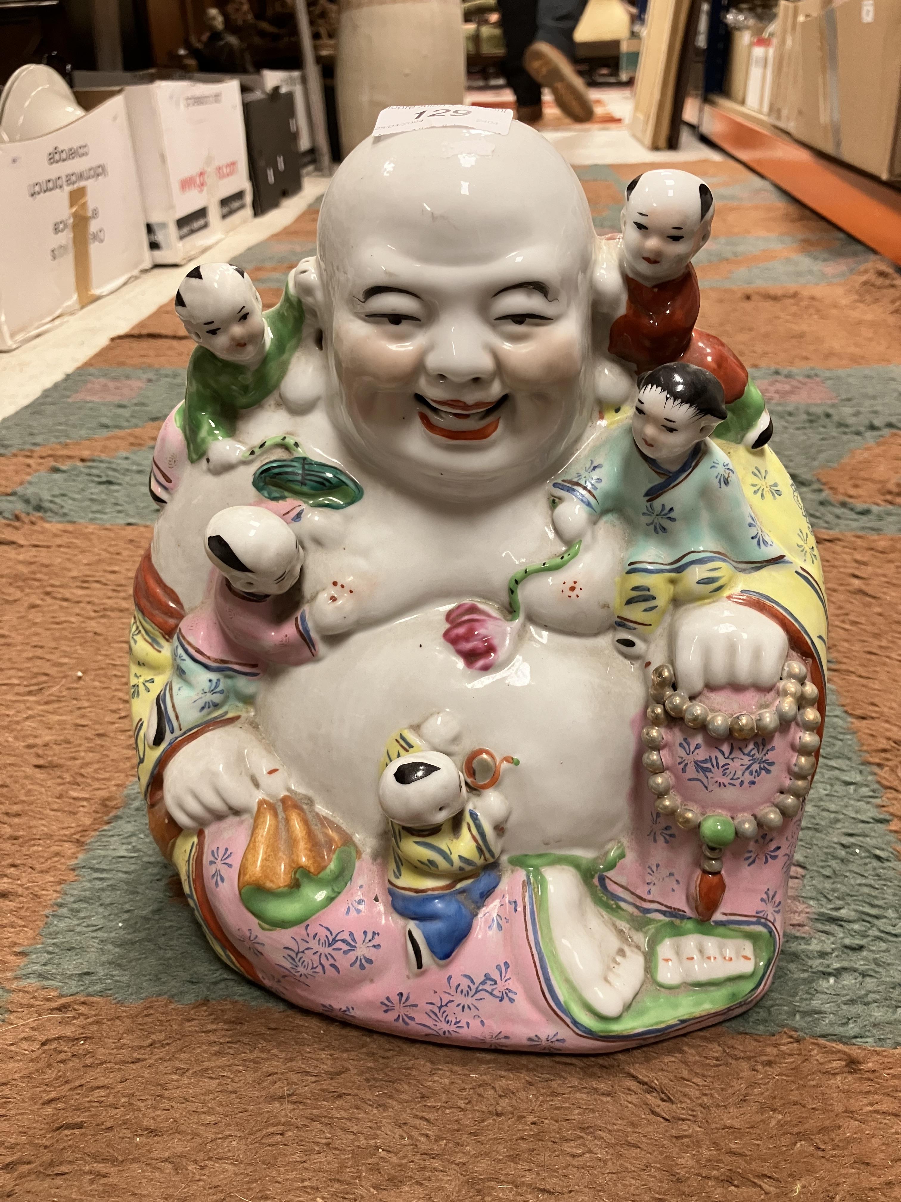 A Chinese polychrome decorated figure of a seated Buddha with five children bearing impressed four - Image 29 of 29