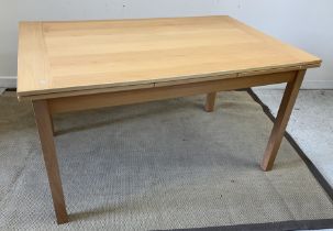 A modern beech rectangular drawer leaf kitchen table on square supports 90 cm wide x 140 cm long