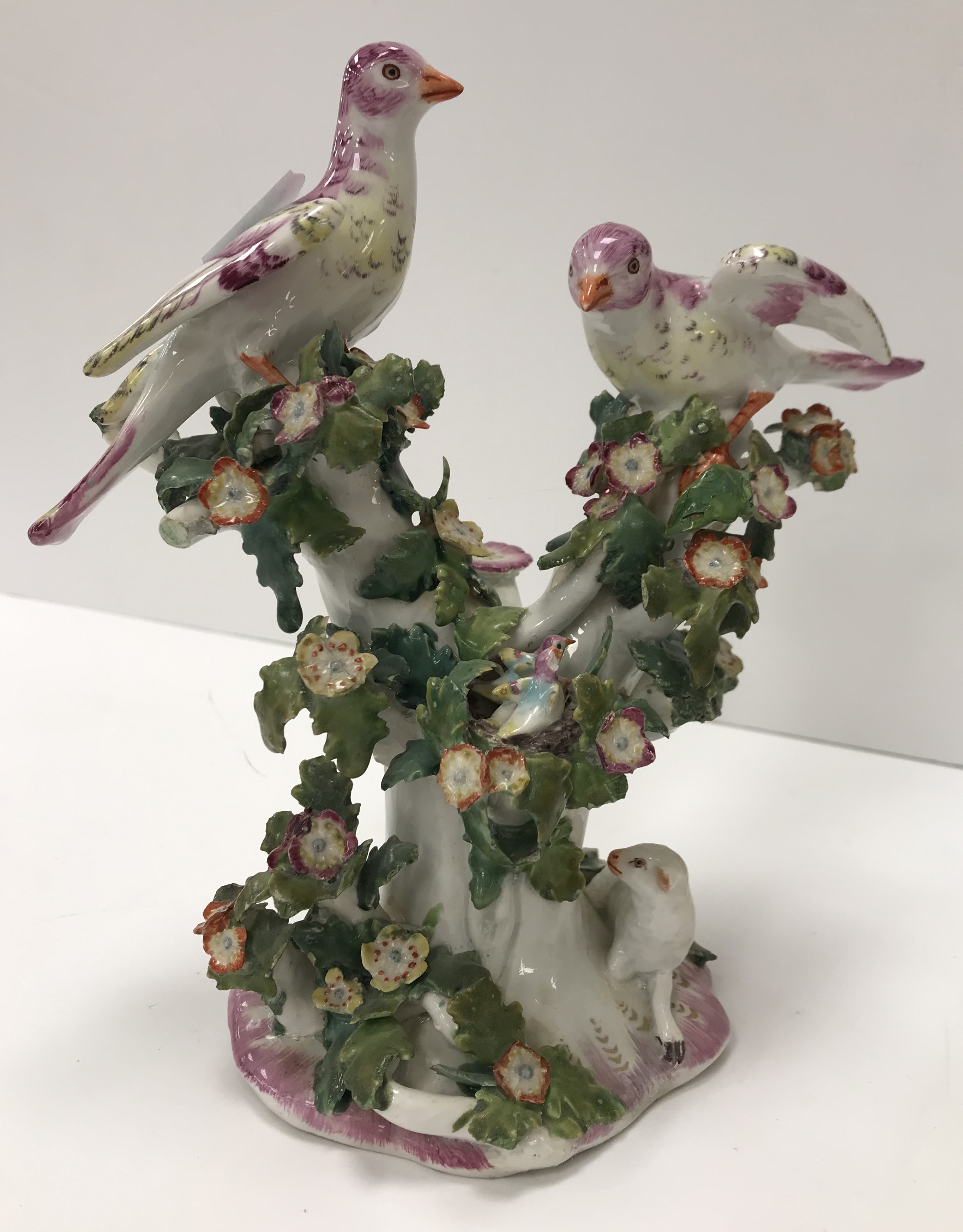 A pair of circa 1765-1770 Bow porcelain candlesticks as birds amongst flower set branches with - Image 5 of 98