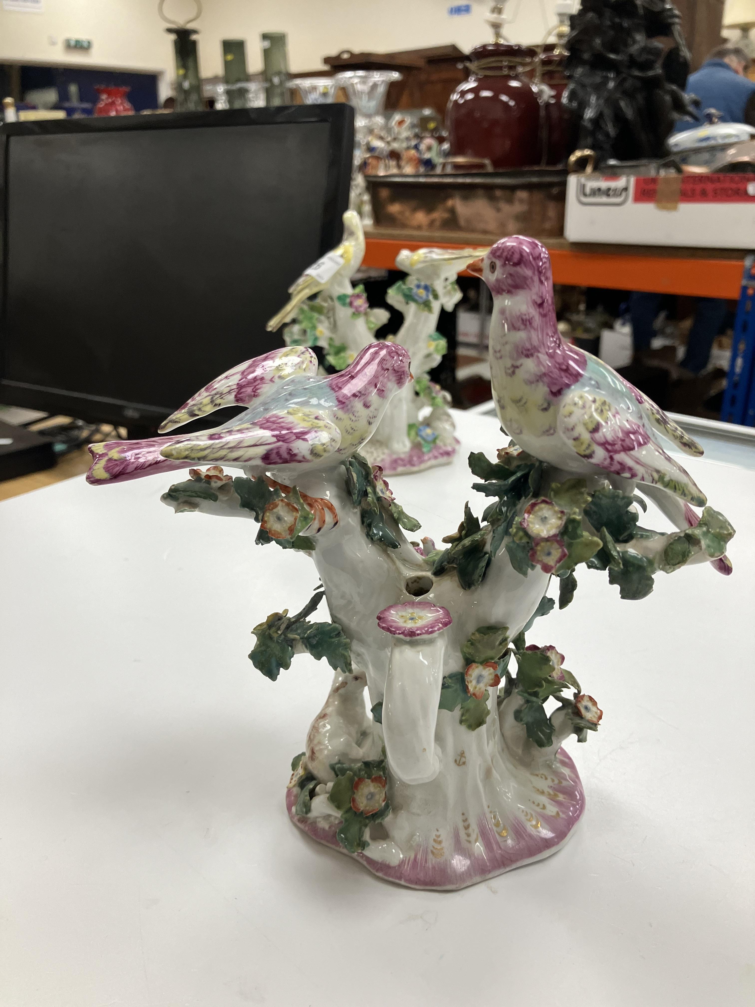 A pair of circa 1765-1770 Bow porcelain candlesticks as birds amongst flower set branches with - Image 60 of 98