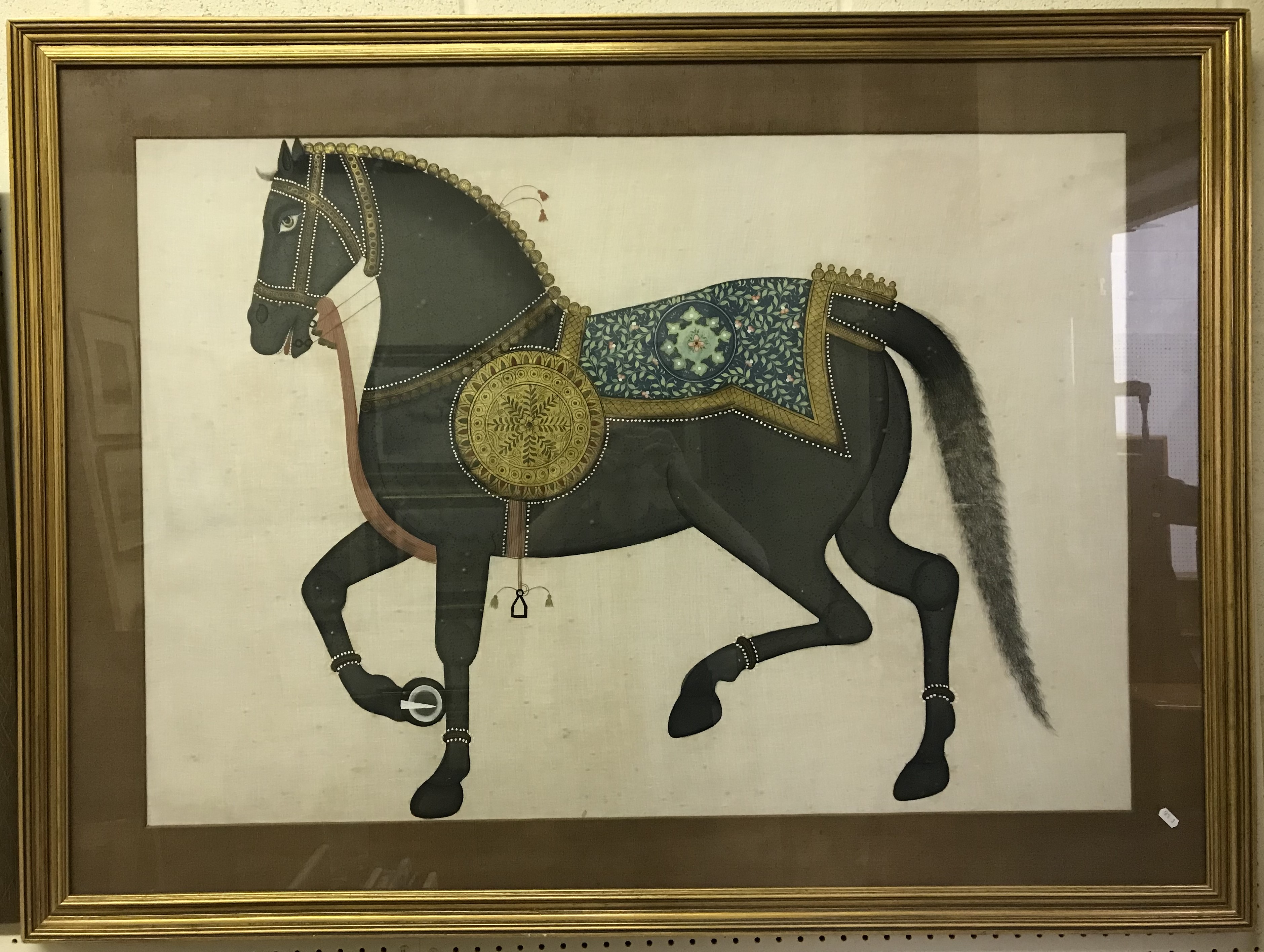 INDIAN SCHOOL "Study of horse with decorative saddle and reins", gouache on cotton, - Image 2 of 2