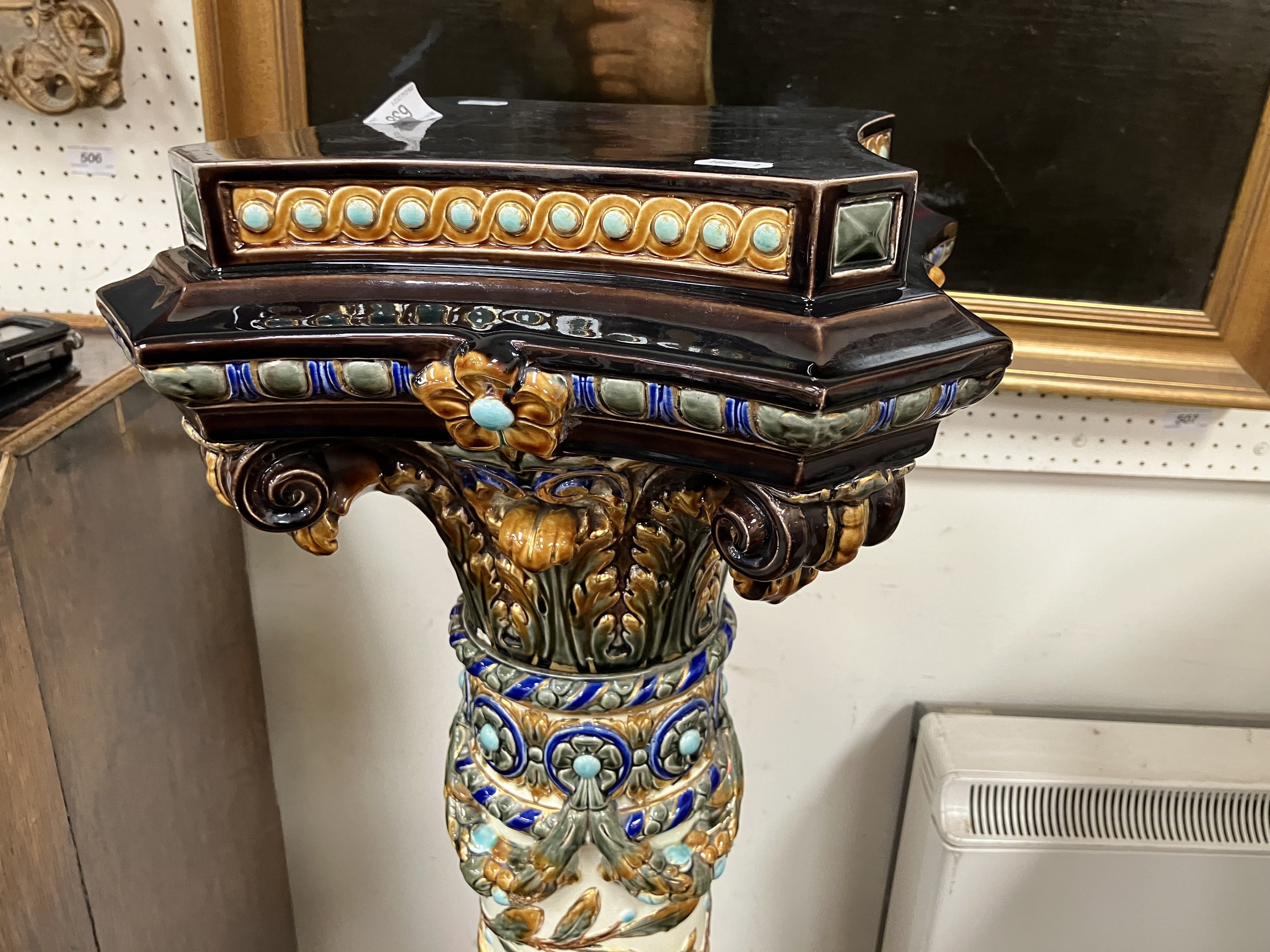 A circa 1900 Swedish majolica urn stand by Rörstand with all over relief work decoration on a - Image 13 of 44