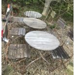 Three round metal garden tables with wooden tops 70.
