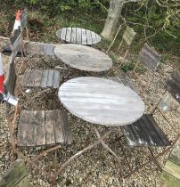 Three round metal garden tables with wooden tops 70.