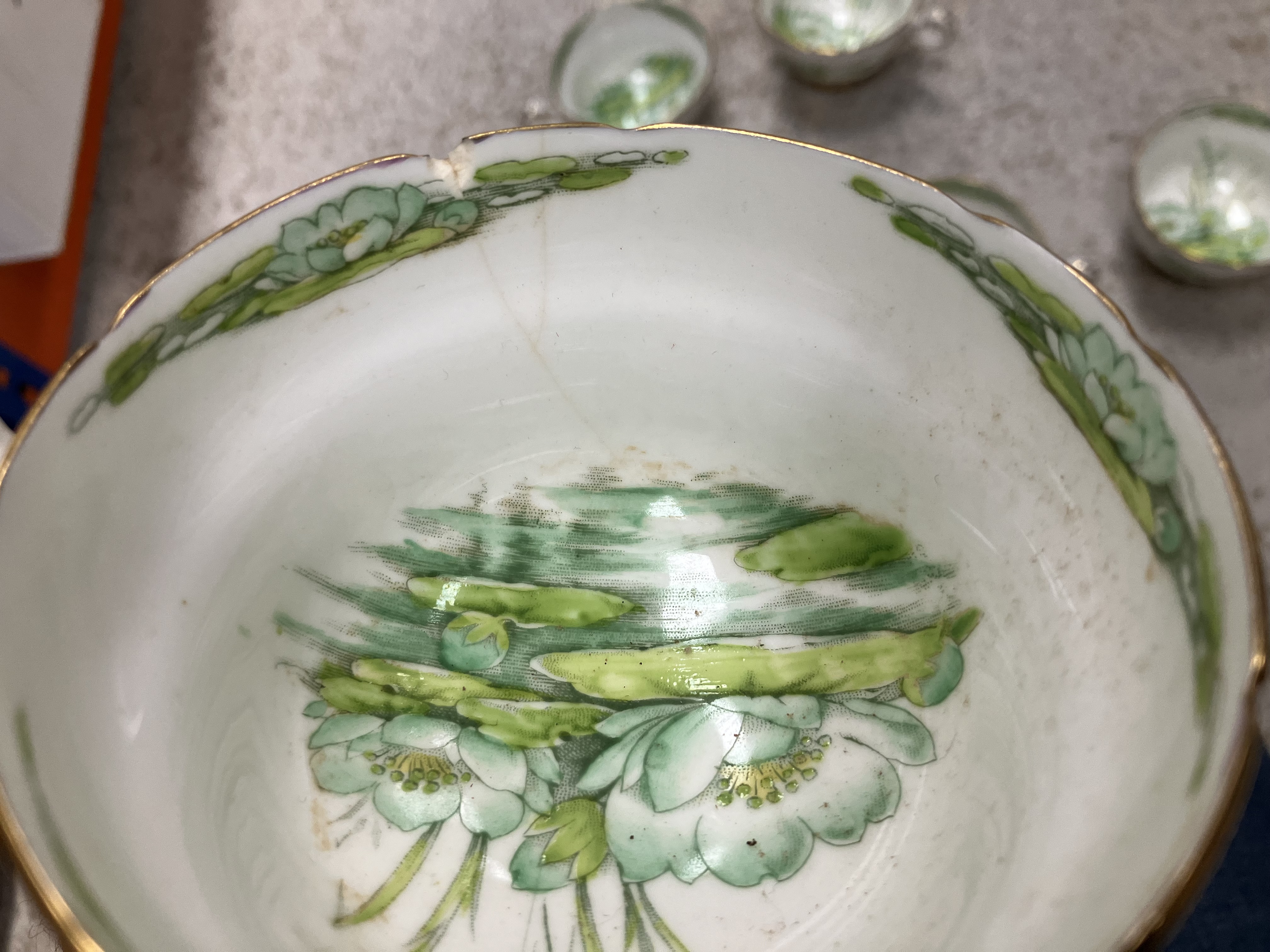 A Royal Paragon part tea set with green water lily decoration together with a Carrol Swan bowl and - Image 10 of 43