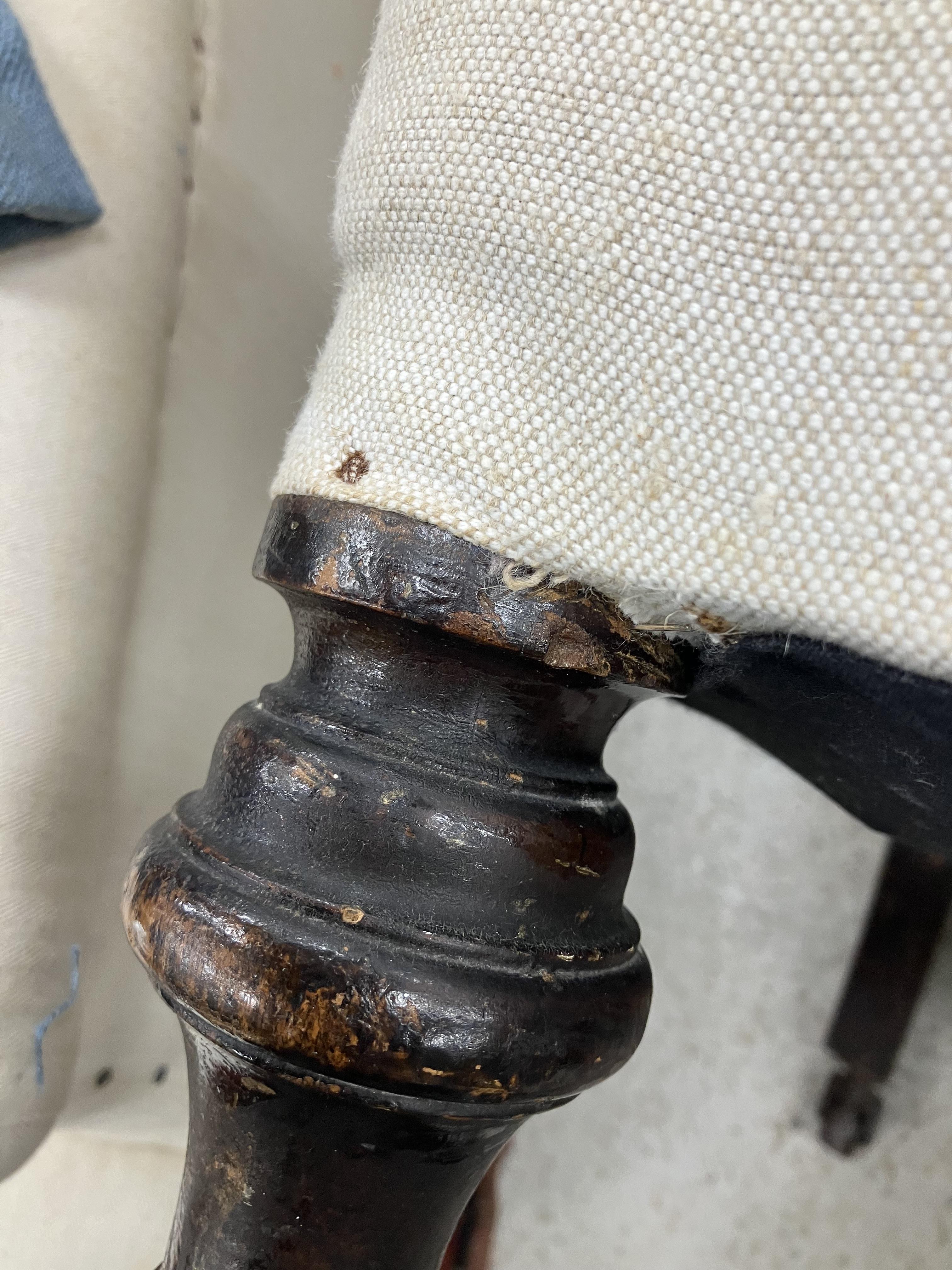 A Victorian upholstered scroll arm chair on ebonised turned front legs to later brass castors, - Image 27 of 52