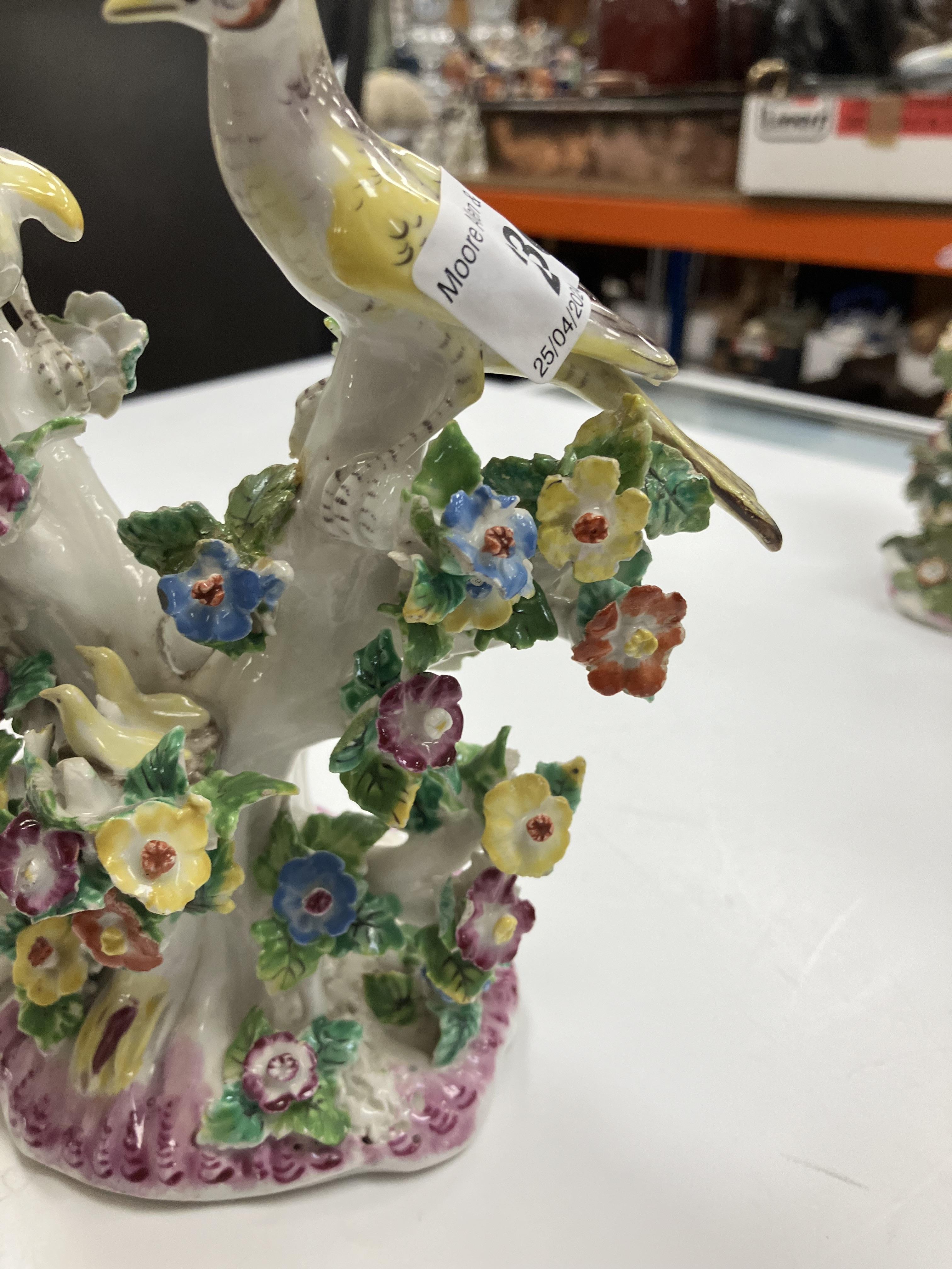 A pair of circa 1765-1770 Bow porcelain candlesticks as birds amongst flower set branches with - Image 91 of 98