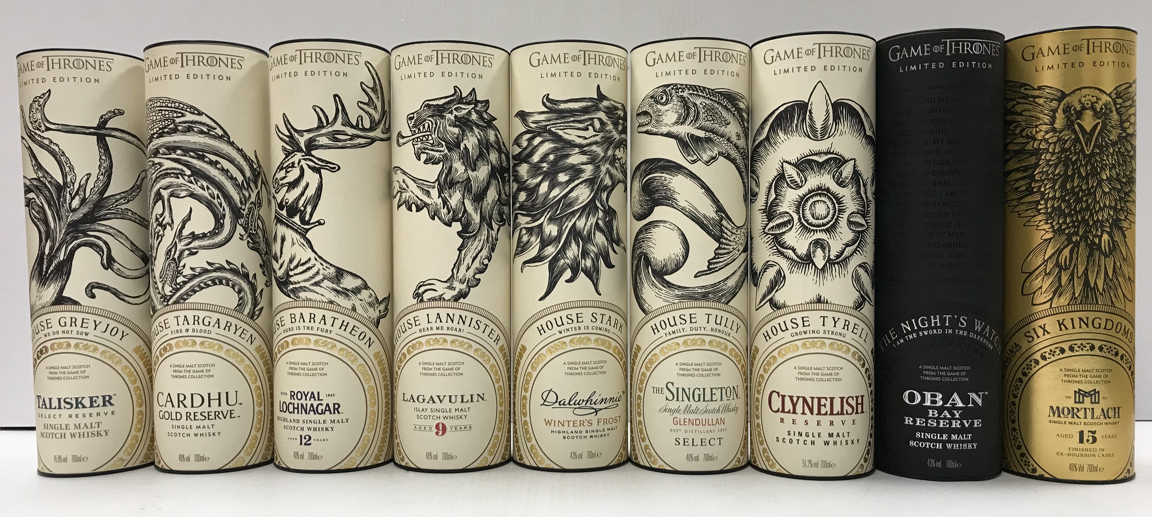 A collection of nine Game of Thrones limited edition single malt scotch whiskies including "Six