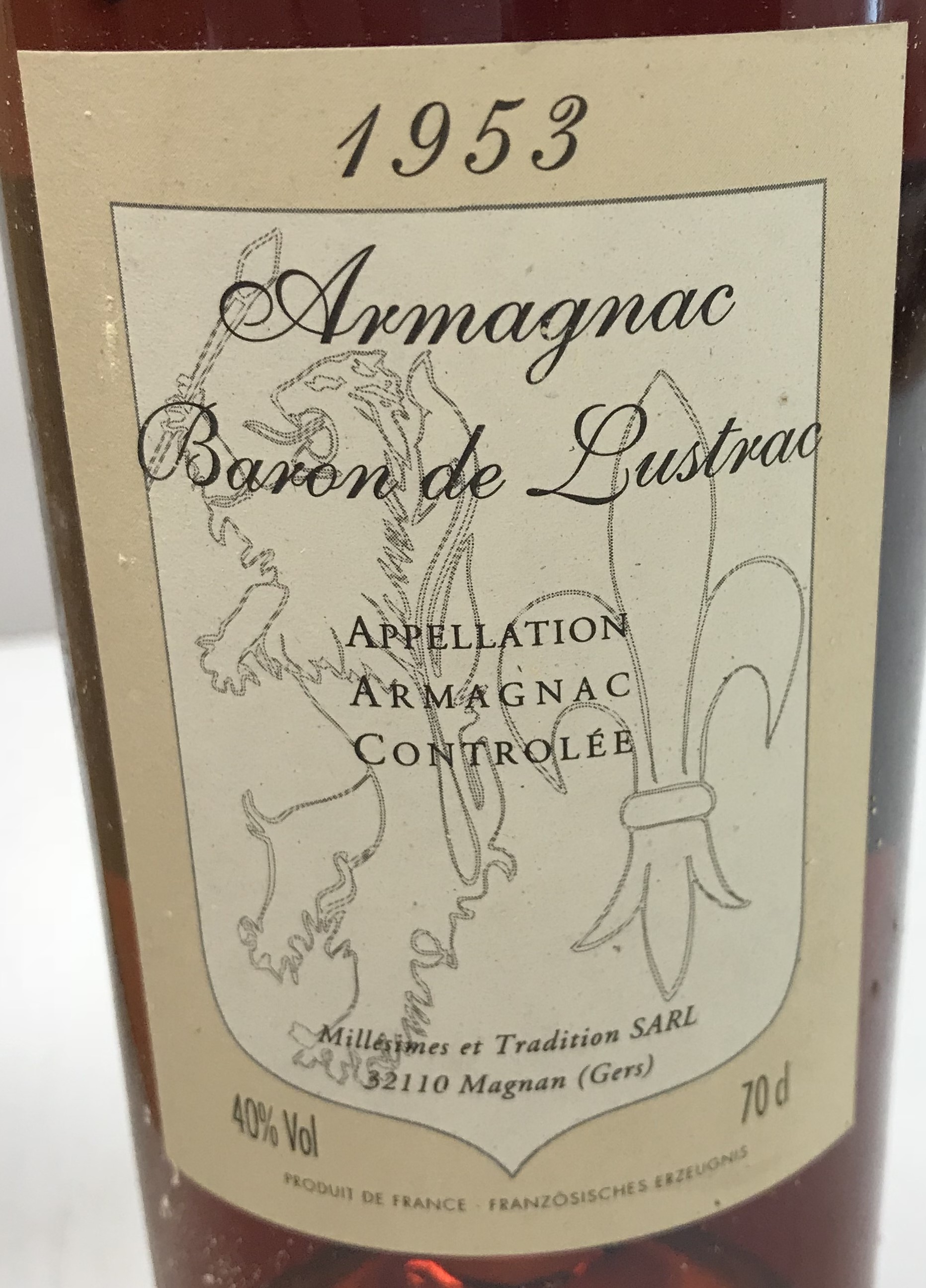 One bottle Armagnac Baron de Lustrac 1953 OWC CONDITION REPORTS Wax seal with damage - Image 3 of 3