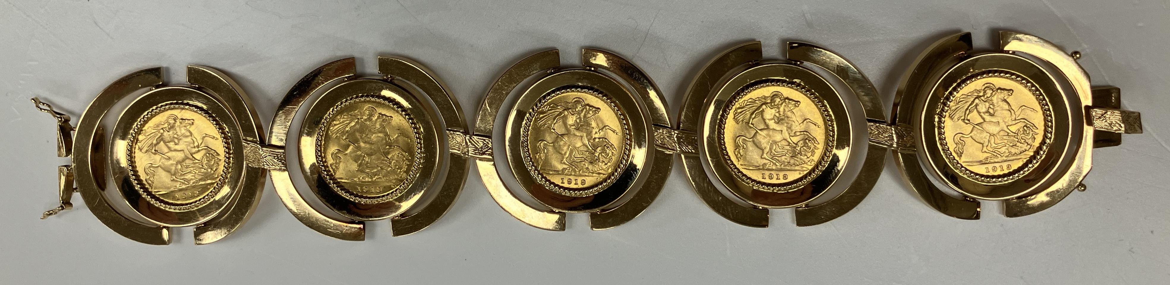 An 18 carat gold bracelet with Arezzo hallmarks, set with five George V gold half sovereigns, 1913,