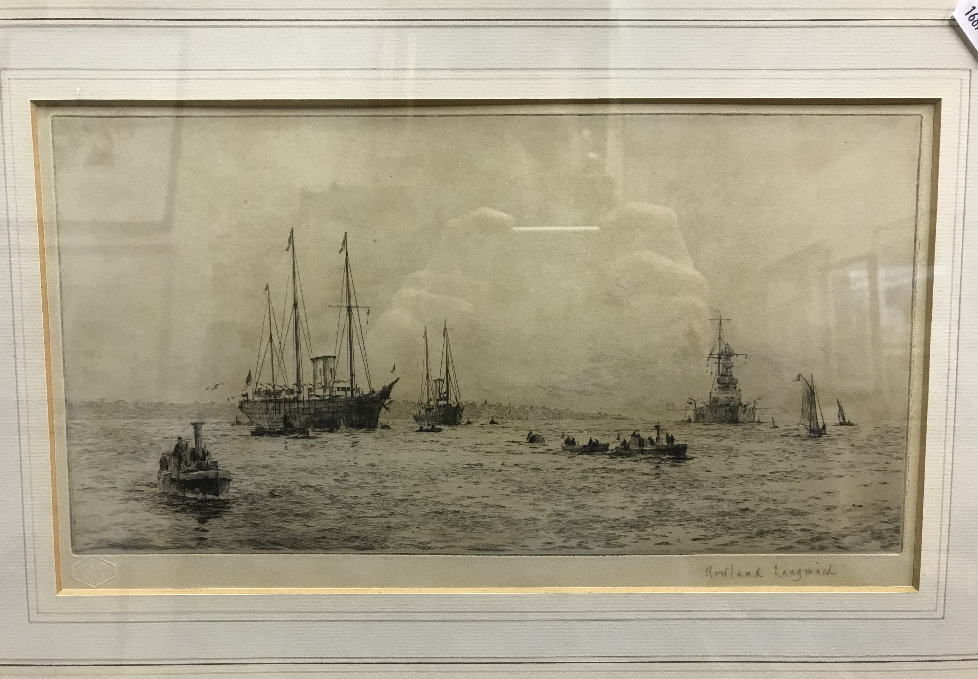 AFTER ROWLAND LANGMAID "Escorting the Royal vessel" black and white etching, - Image 3 of 4