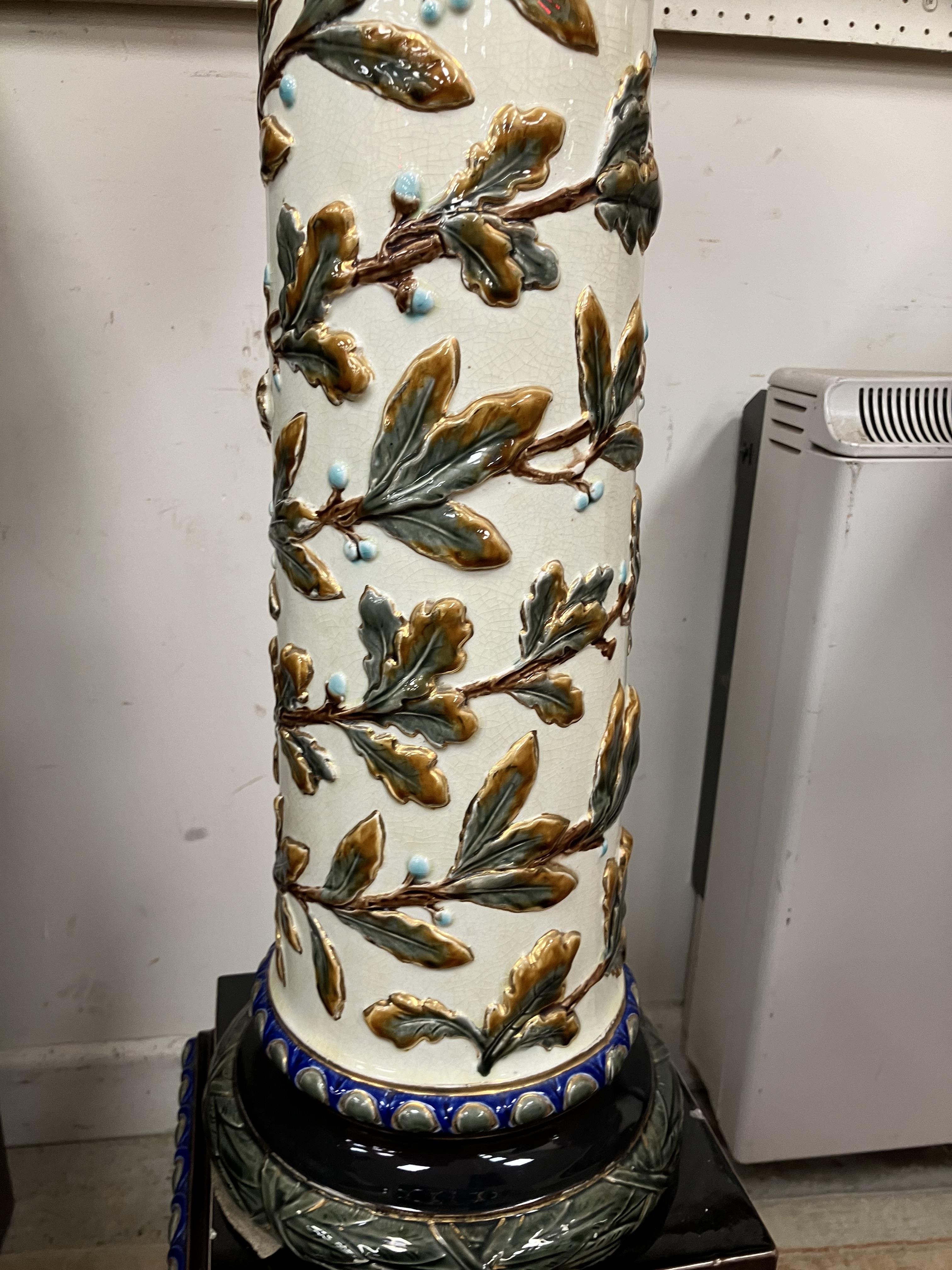 A circa 1900 Swedish majolica urn stand by Rörstand with all over relief work decoration on a - Image 10 of 44