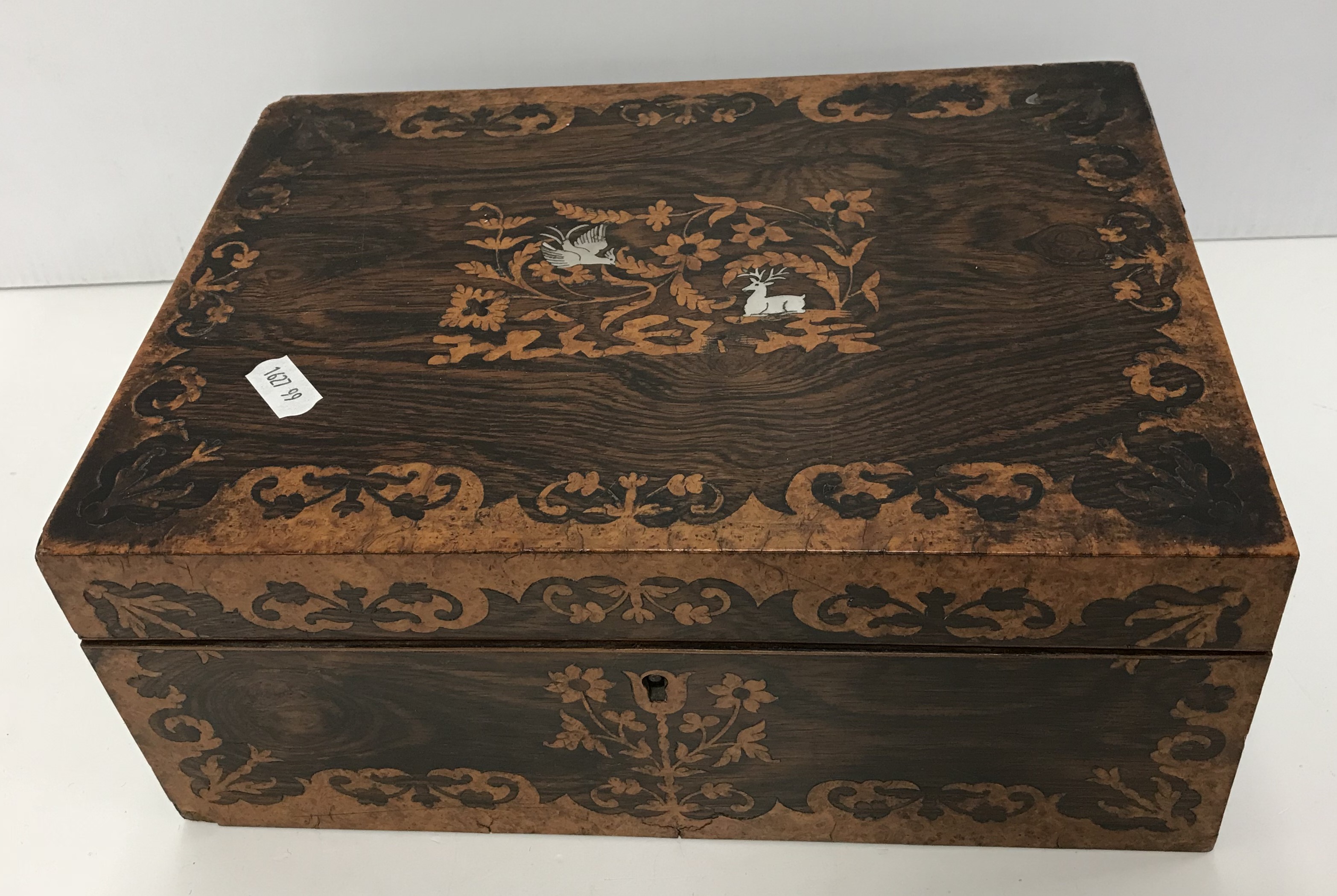 A Victorian rosewood and marquetry inlaid sewing box 28 cm x 20.3 cm x 11. - Image 2 of 4