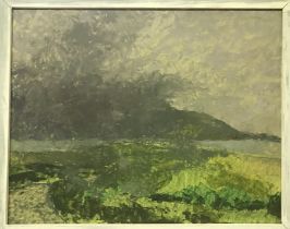 EVELYN STREET “Hilly lake landscape” oil on board, unsigned,