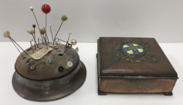 A silver mounted table pin cushion/hat pin box,