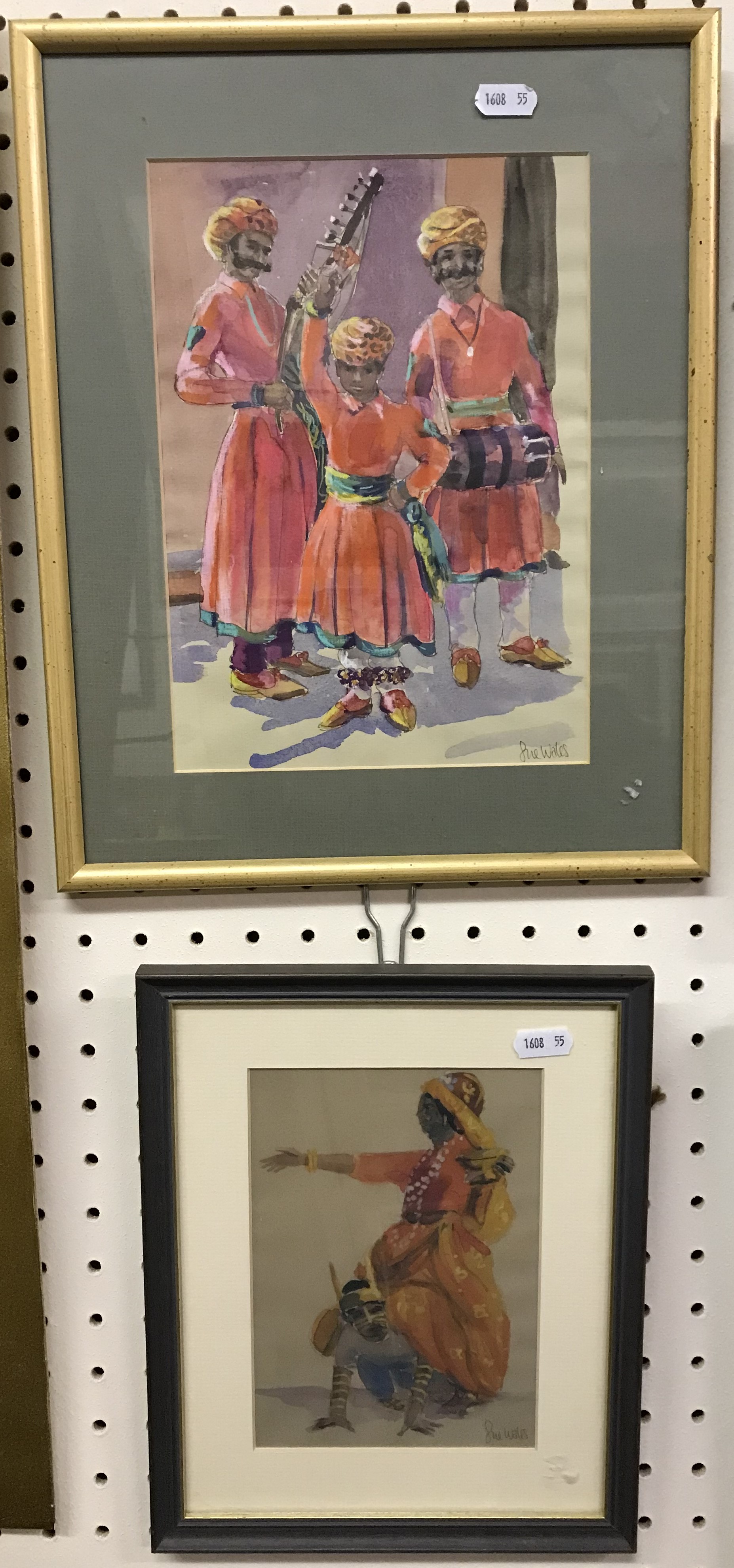 SUE WALES "Musician and boy dancers Jdaipur" watercolour, signed lower right,