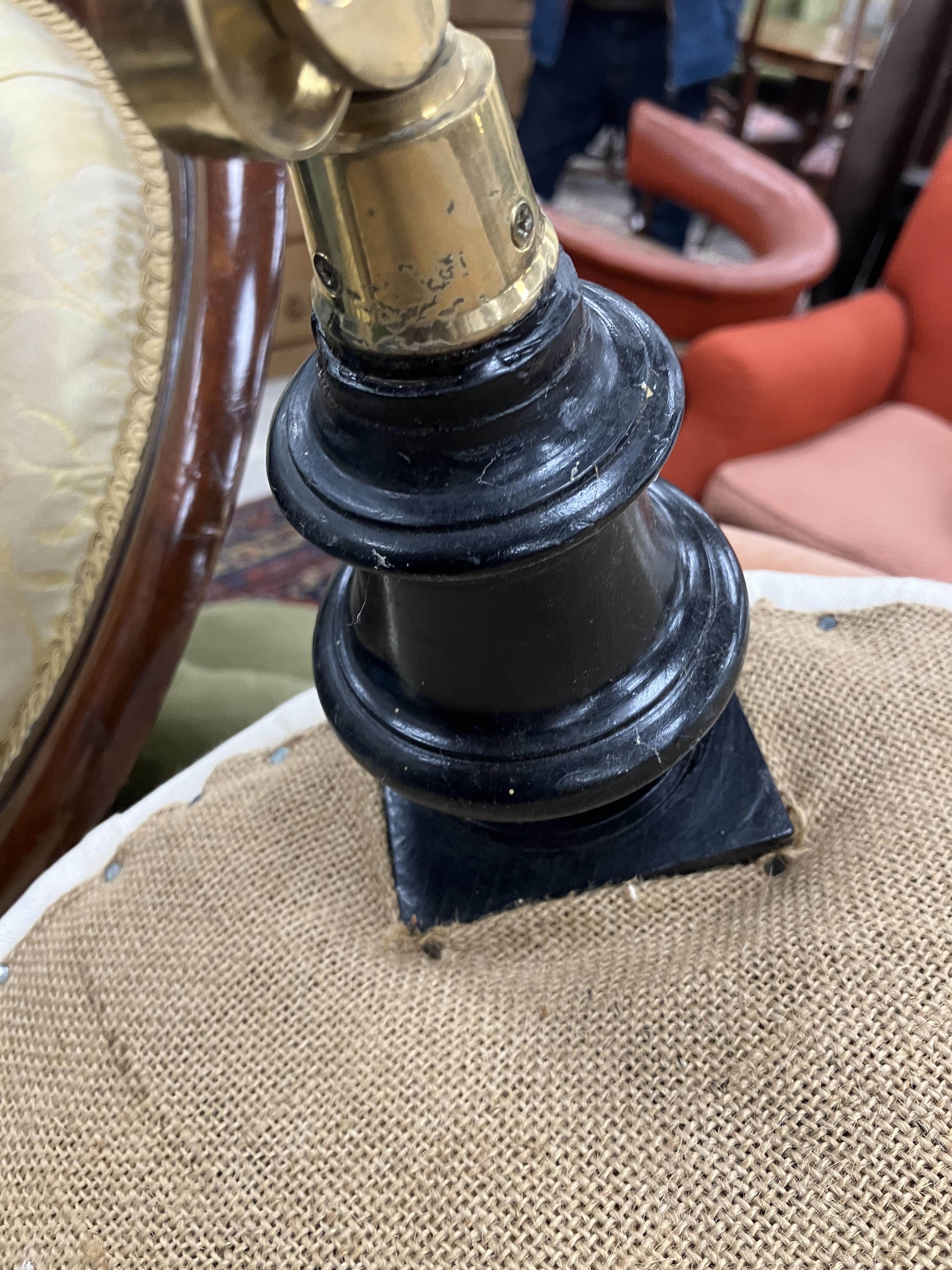 A Victorian upholstered scroll arm chair on ebonised turned front legs to later brass castors, - Image 42 of 52