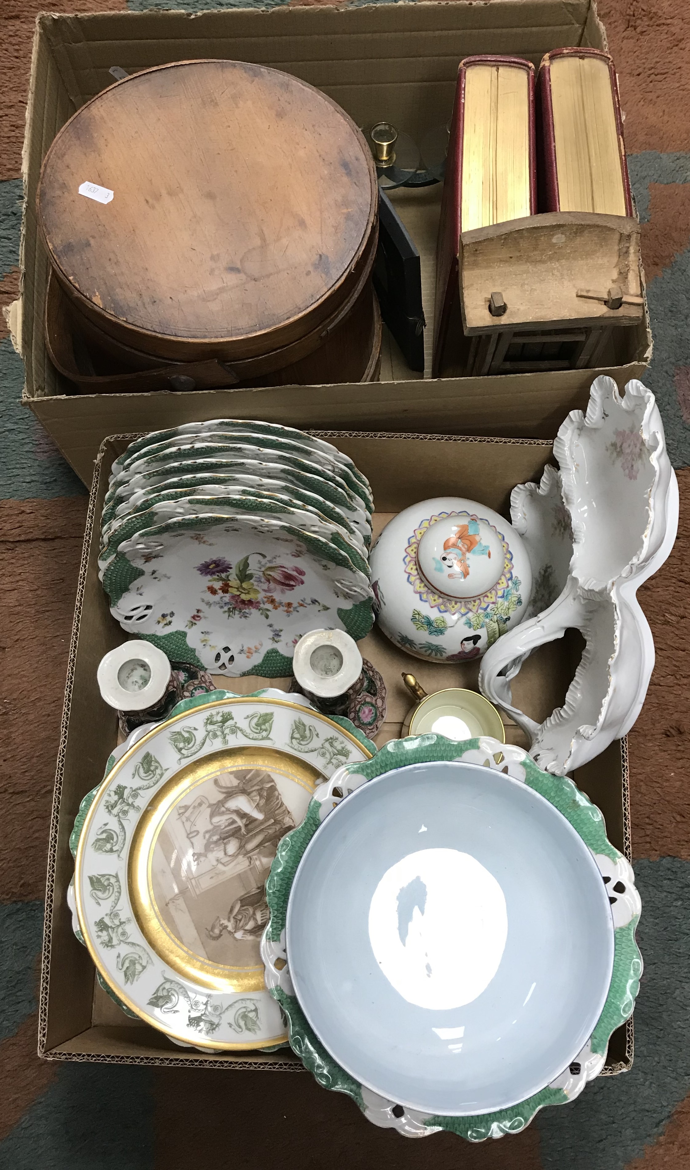 A box containing assorted china ware to include Continental floral decorated dessert service with