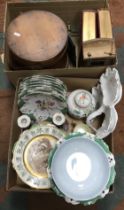 A box containing assorted china ware to include Continental floral decorated dessert service with