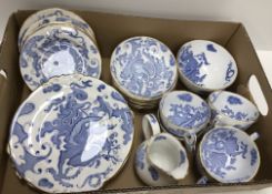 A Royal Worcester blue and white transfer decorated dragon pattern part tea set with gilt edging