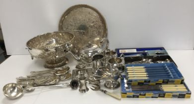 A collection of various plated wares to include embossed fruit bowl, engraved salver, squat teapot,