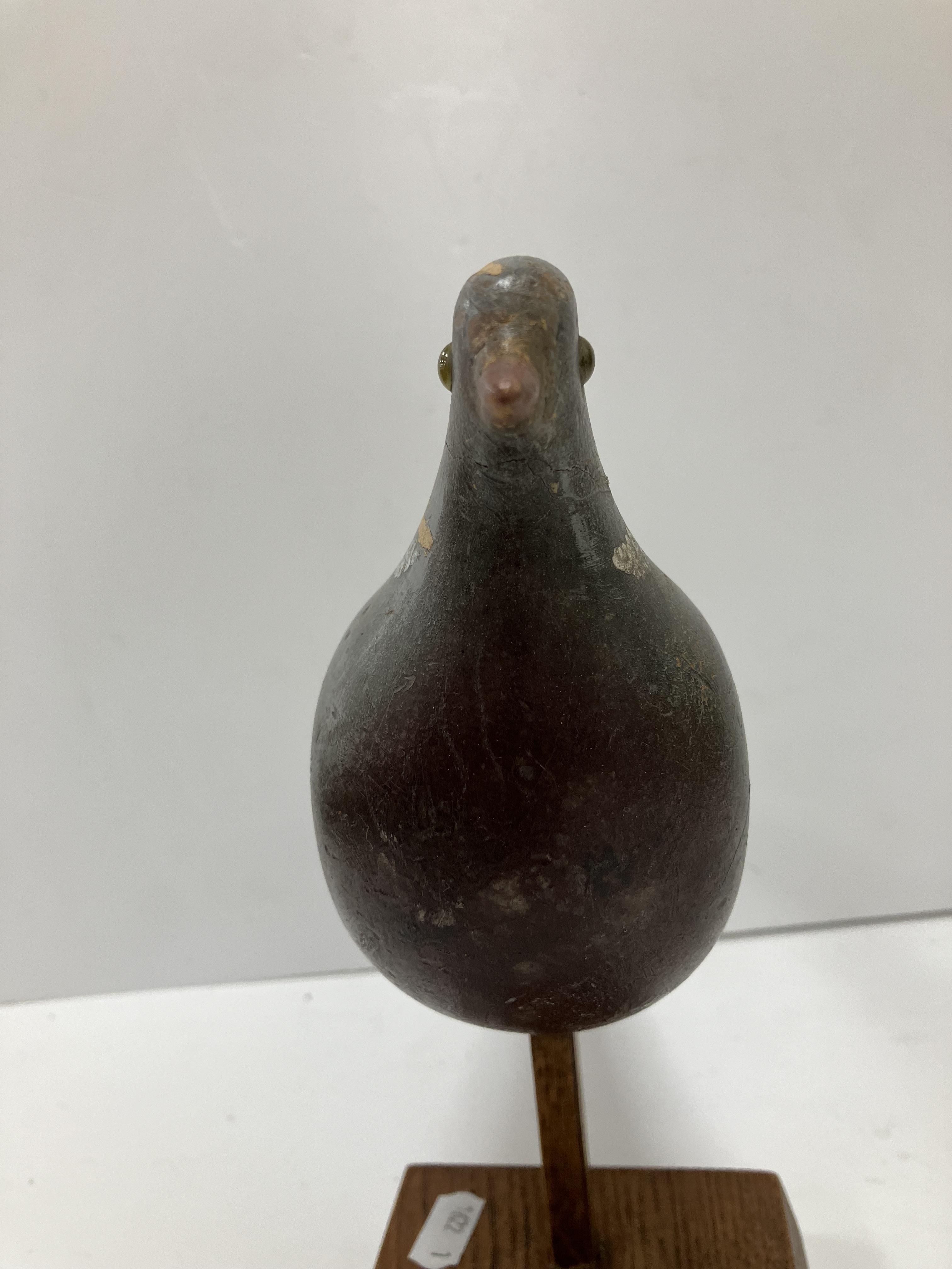 A 19th Century painted treenware pigeon decoy with glass eyes on a later oak pedestal stand 31. - Image 18 of 25