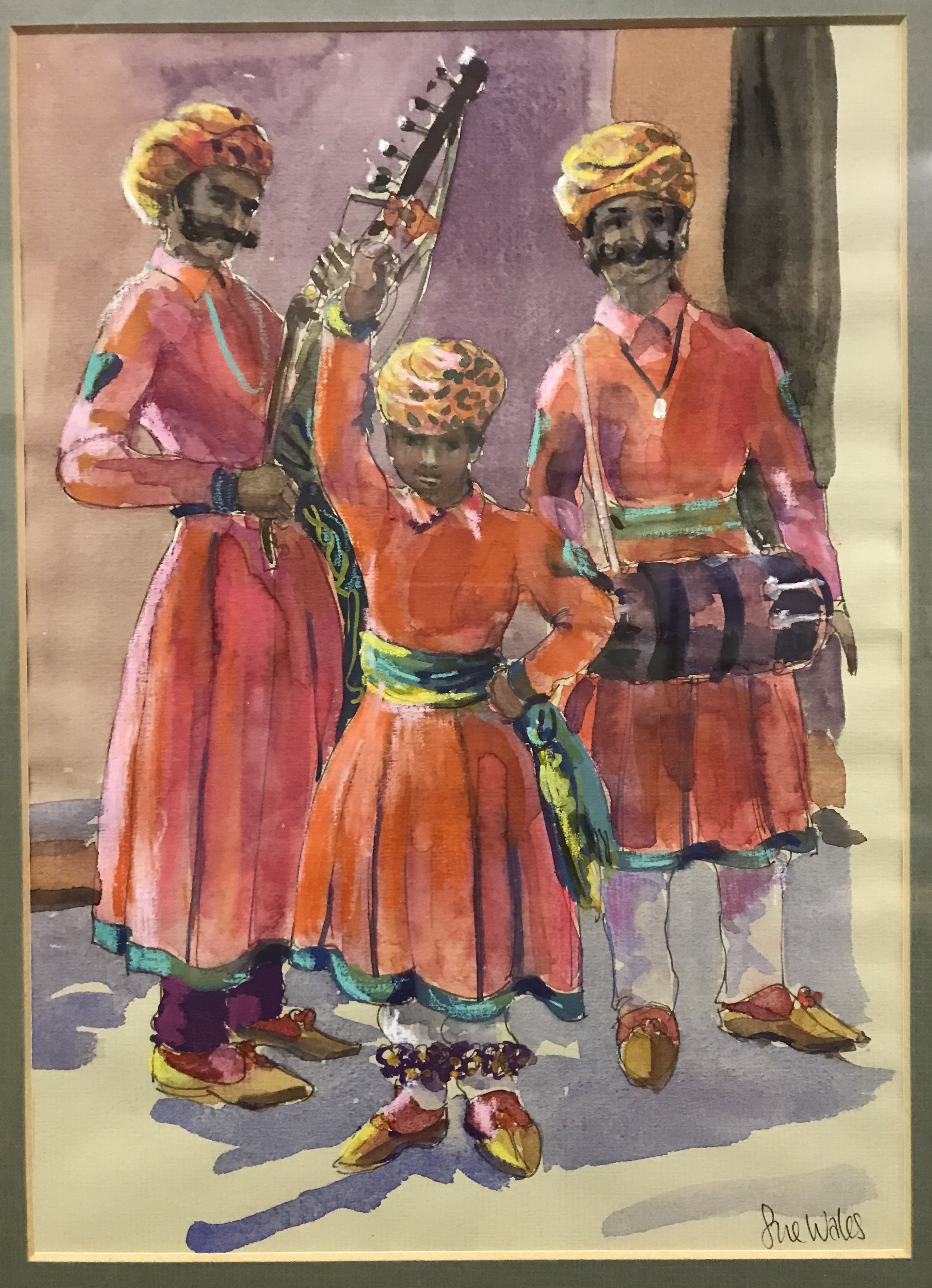 SUE WALES "Musician and boy dancers Jdaipur" watercolour, signed lower right, - Image 2 of 5