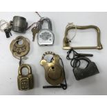 A collection of 7 various unusual padlocks including a John Bull Patent brass padlock by A.A.L. Co.