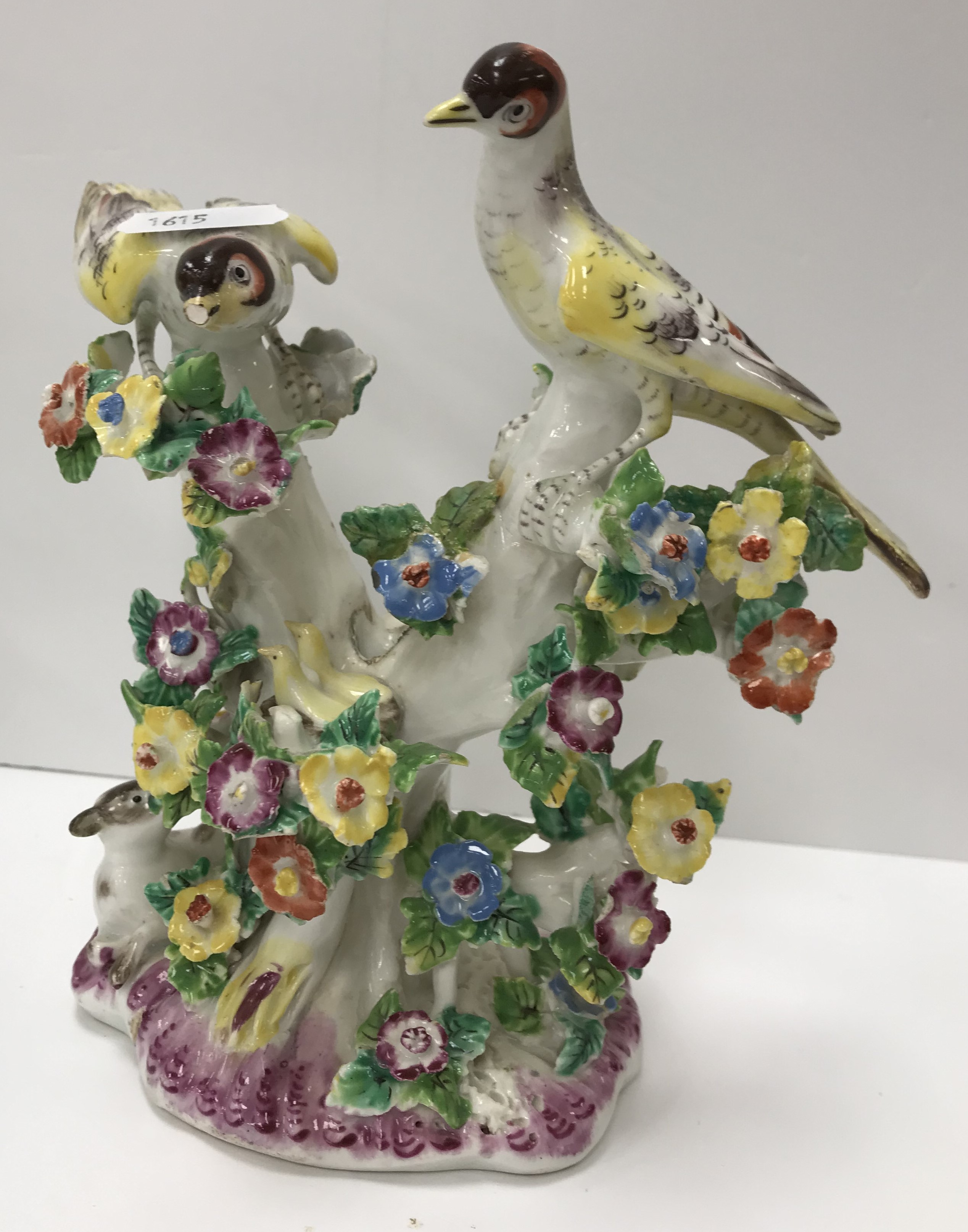 A pair of circa 1765-1770 Bow porcelain candlesticks as birds amongst flower set branches with - Image 2 of 98