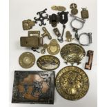 A collection of various items to include a brass money box stamped “Notes” to one end and “Coins”