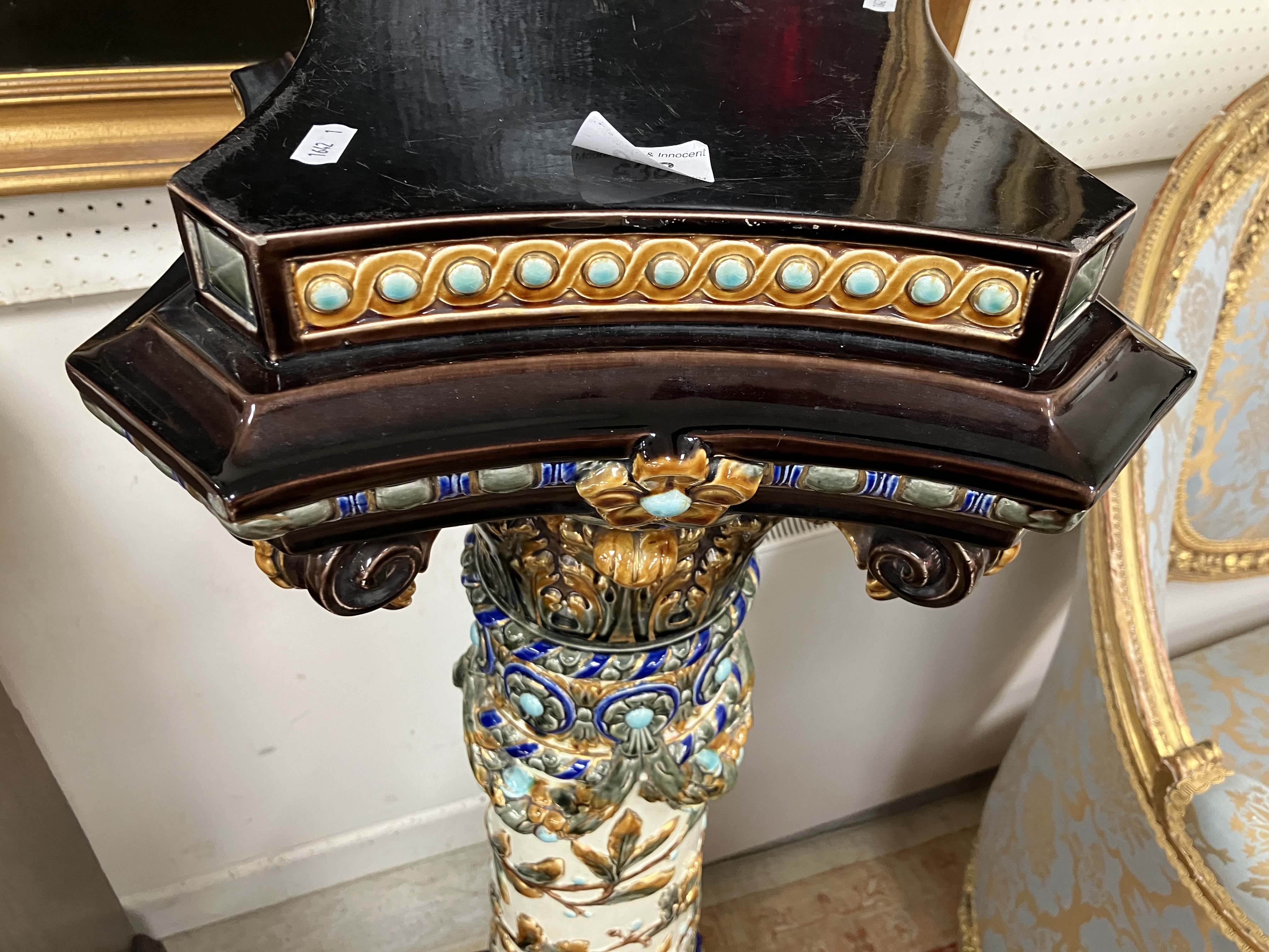 A circa 1900 Swedish majolica urn stand by Rörstand with all over relief work decoration on a - Image 26 of 44