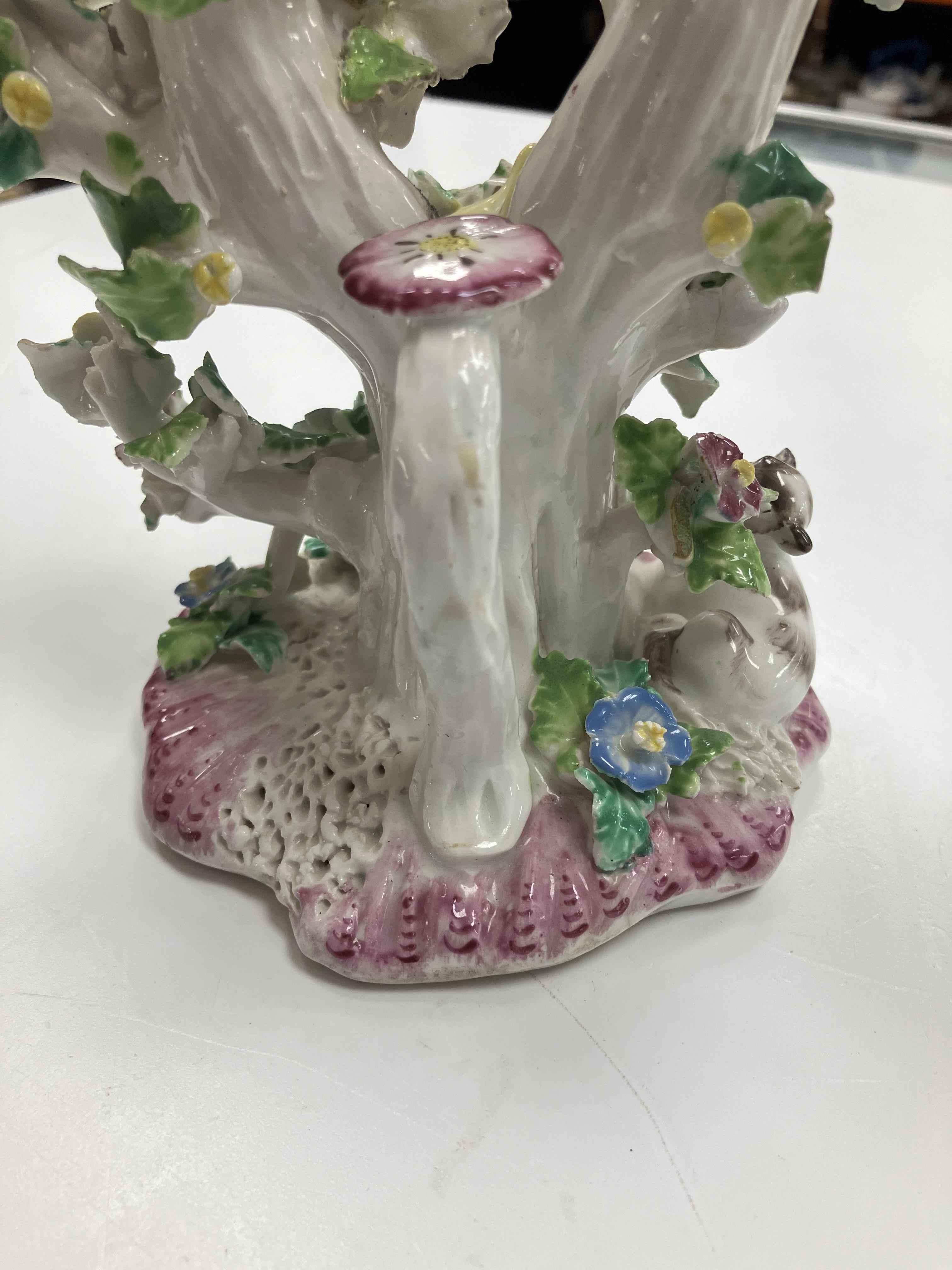 A pair of circa 1765-1770 Bow porcelain candlesticks as birds amongst flower set branches with - Image 85 of 98