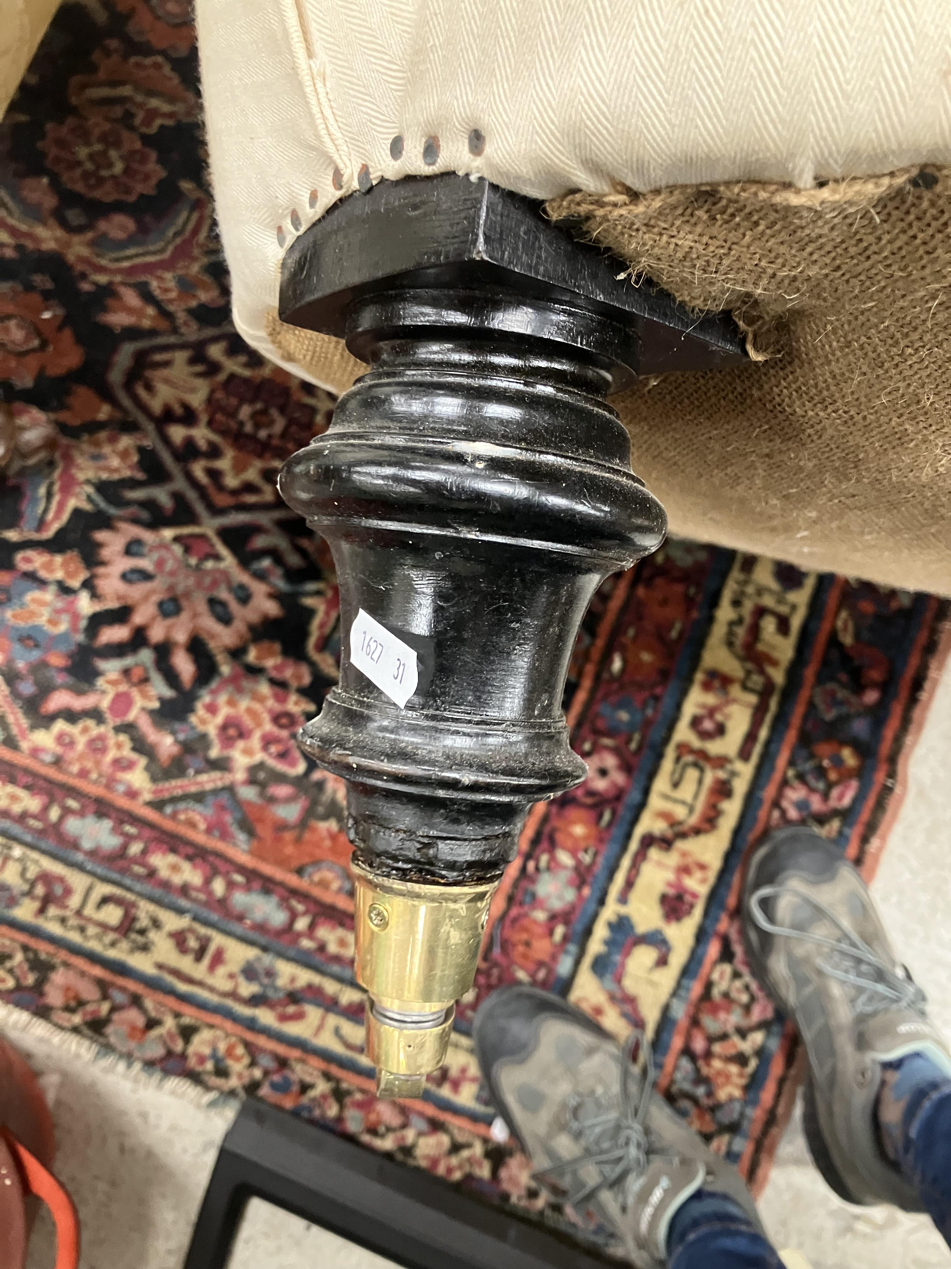 A Victorian upholstered scroll arm chair on ebonised turned front legs to later brass castors, - Image 51 of 52