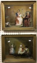 A pair of 19th Century paintings on glass each depicting figures in an interior,