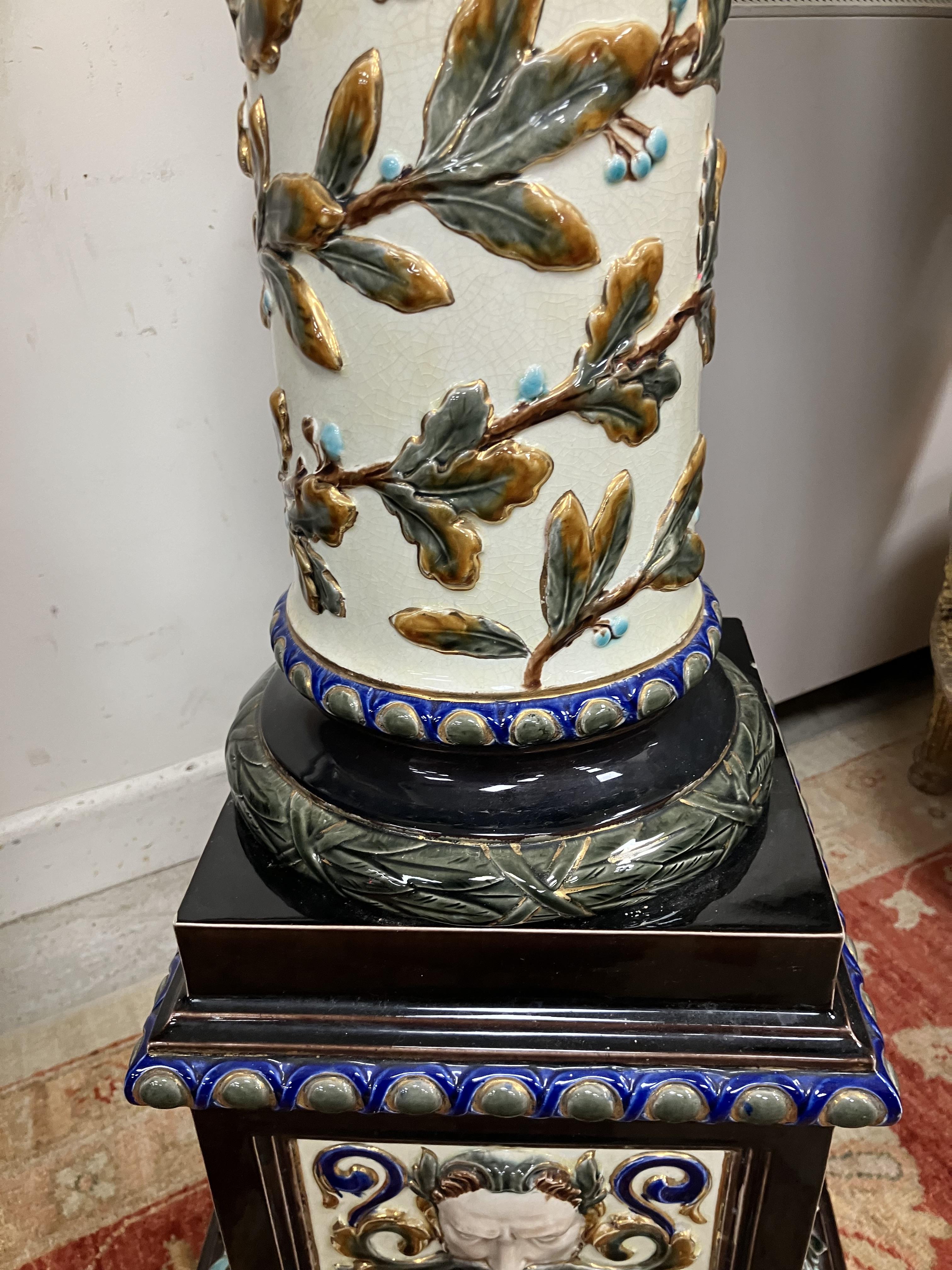A circa 1900 Swedish majolica urn stand by Rörstand with all over relief work decoration on a - Image 35 of 44