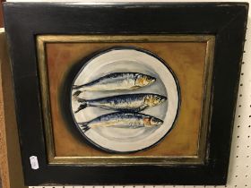 LATE 20TH CENTURY ENGLISH SCHOOL "Sardines on a plate" oil on board,