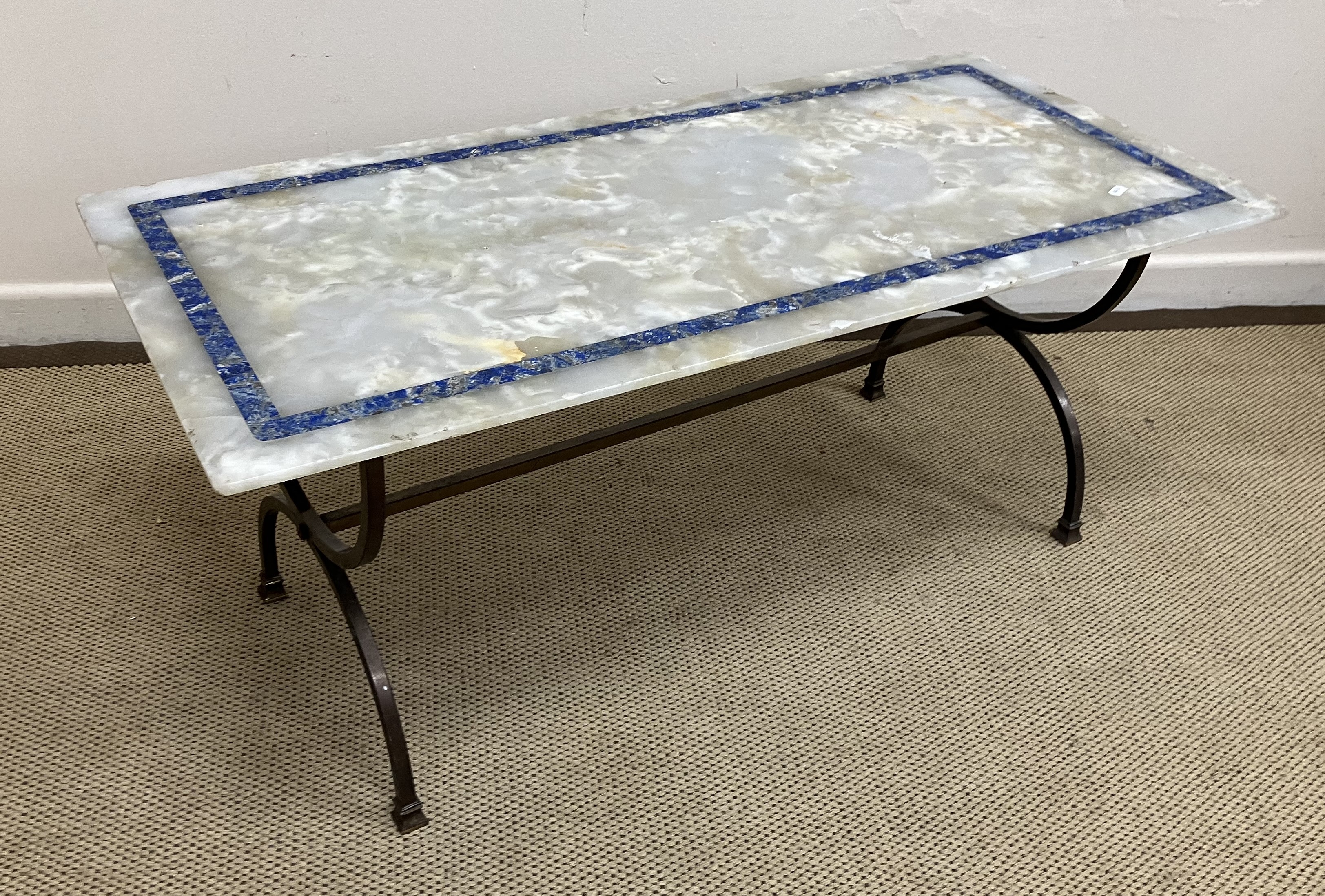 A 20th Century white onyx and lapis lazuli banded coffee table,