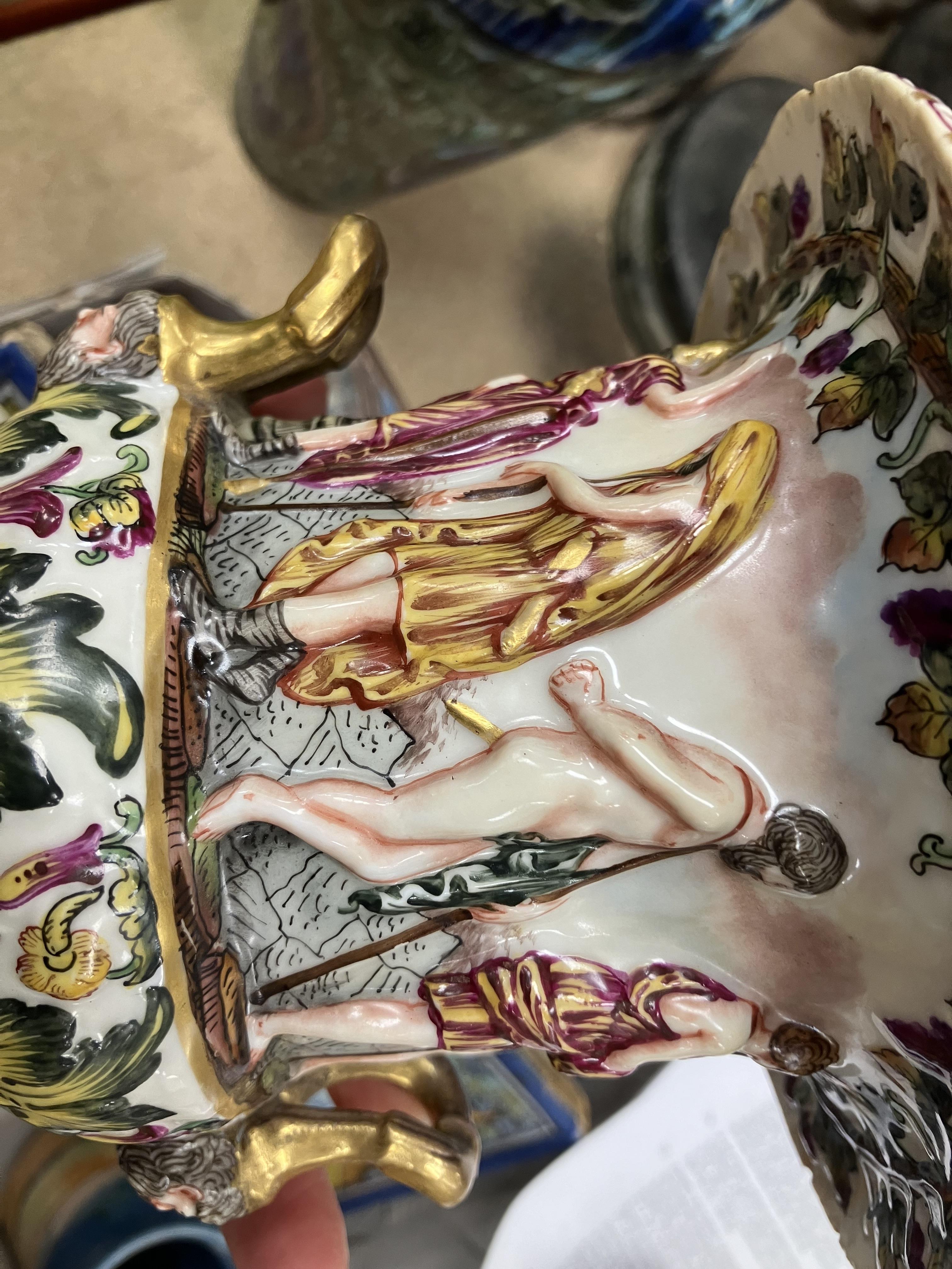 A Capodimonte polychrome relief decorated urn shaped vase with egg and dart rim over a classically - Image 34 of 41