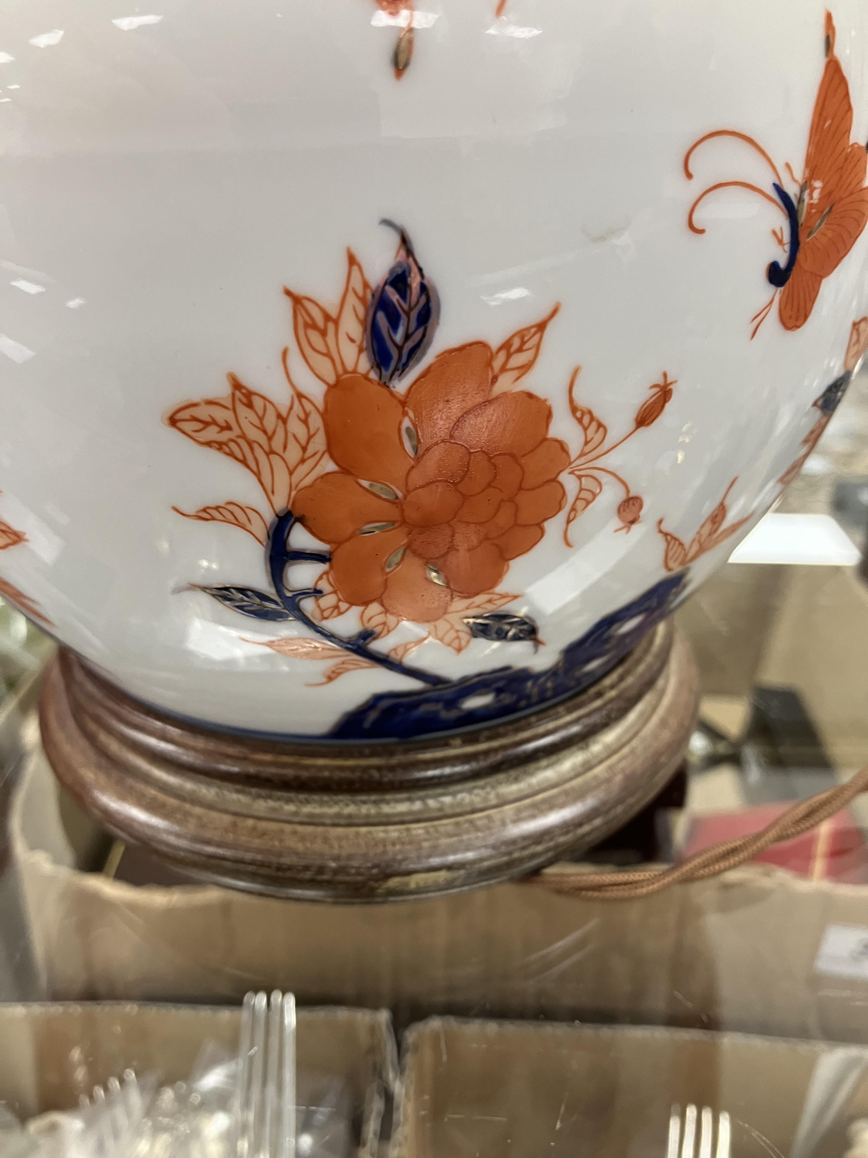 A pair of Japanese porcelain butterfly and flower decorated table lamps of ginger jar form in the - Image 22 of 32