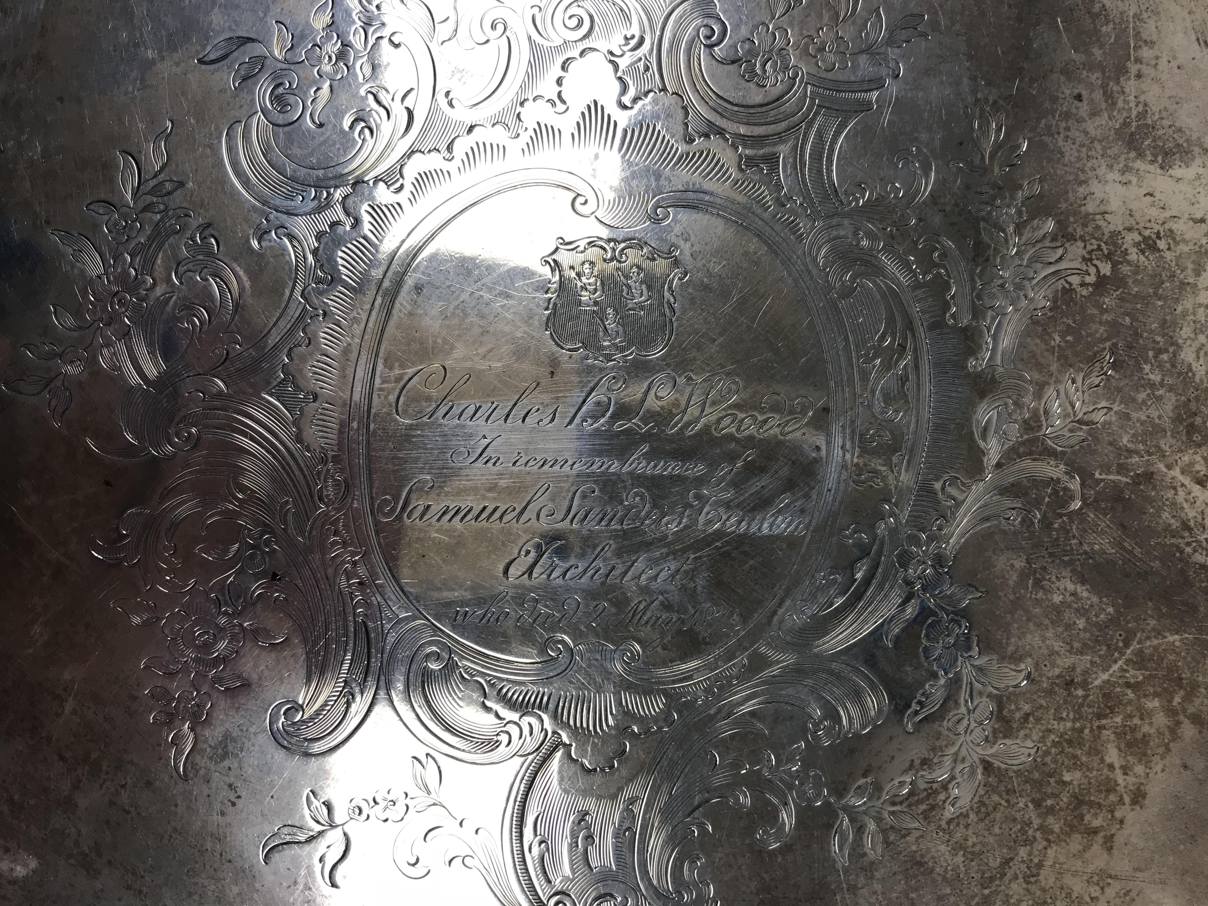 A George II silver salver with pie crust edge raised on four scrolling feet bearing inscription - Image 2 of 8