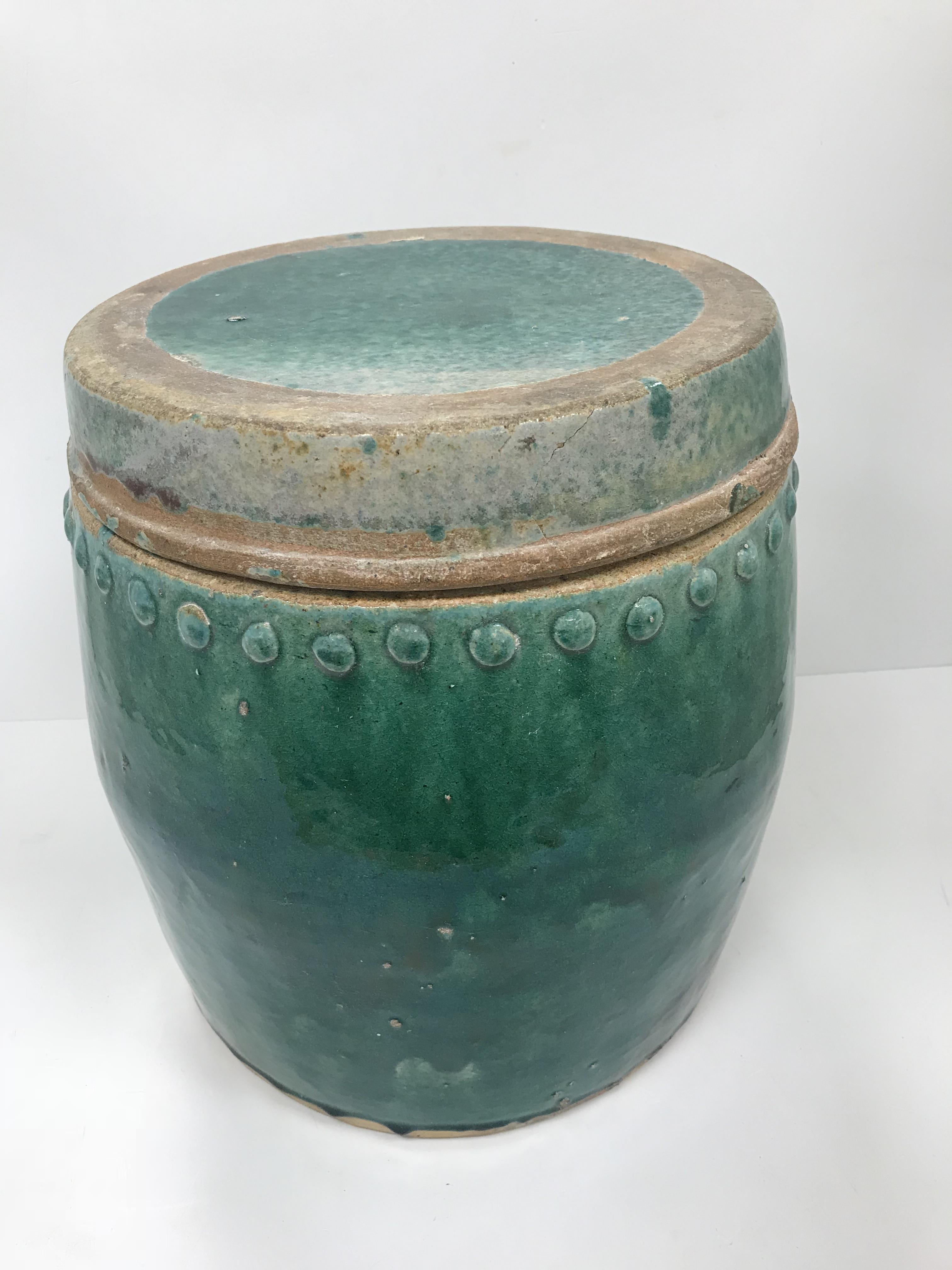 A Chinese Chiwan green glazed terracotta jar of studded barrel form with circular lid, - Image 2 of 3