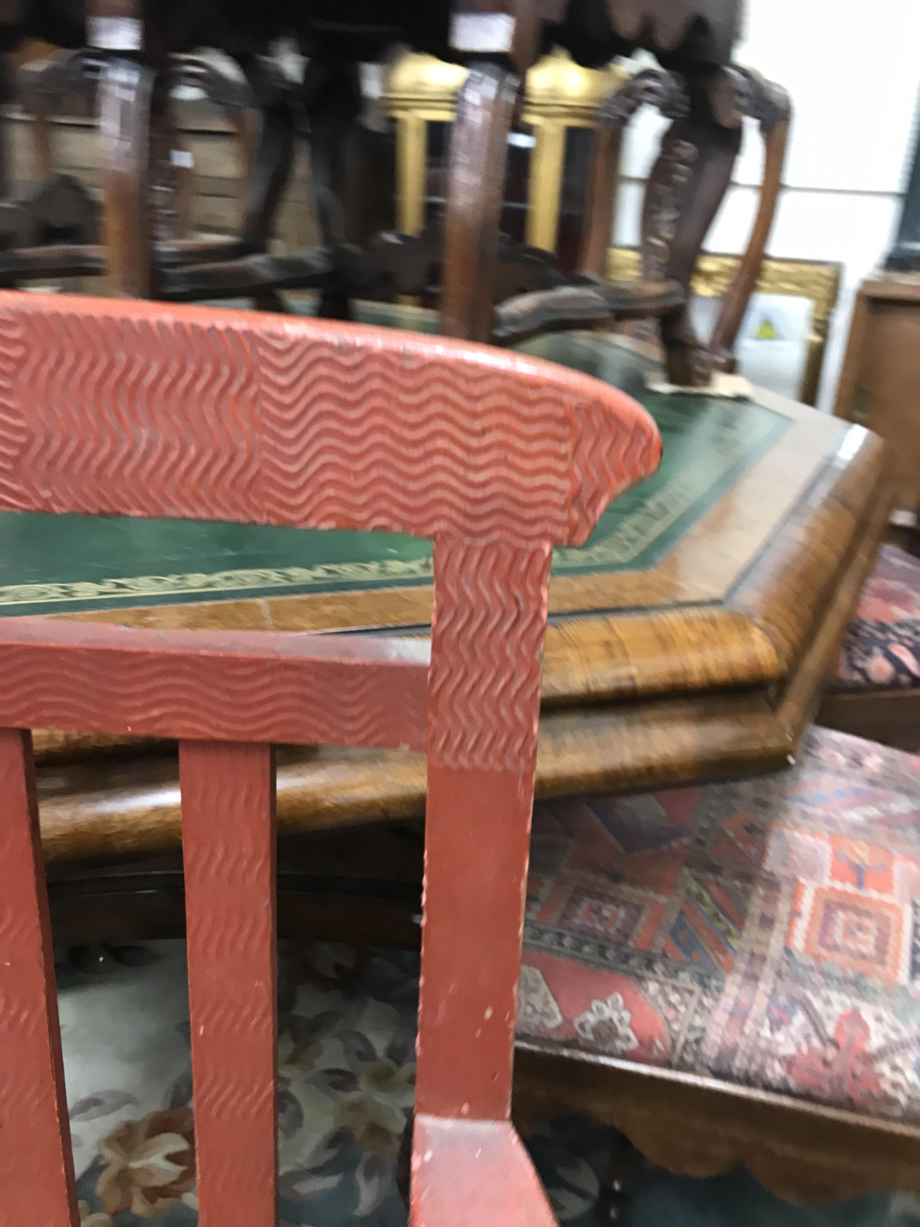 A set of six mid 20th Century red painted wrigglework decorated framed dining chairs, - Image 125 of 128