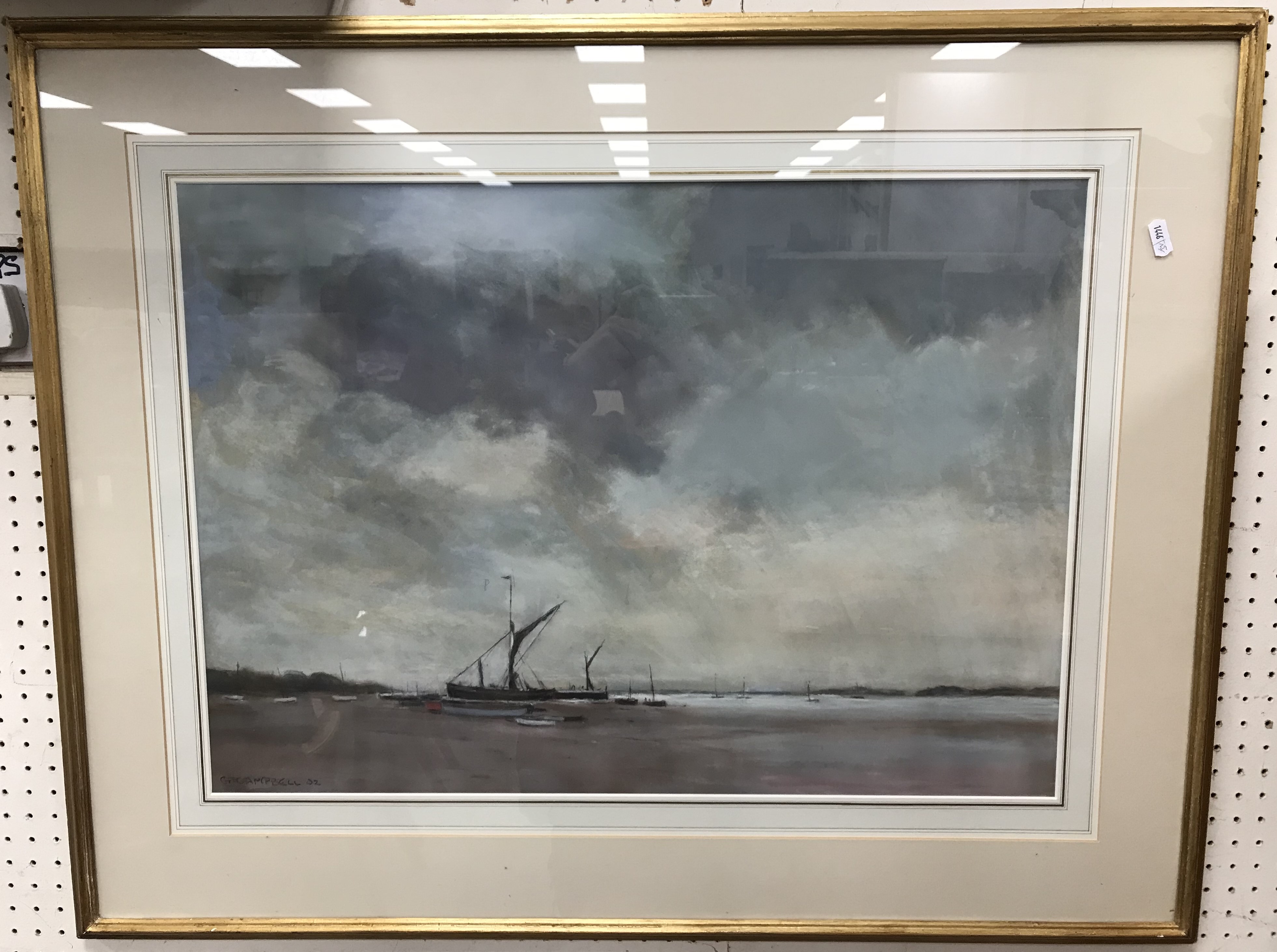 G CAMPBELL "Coastal scene with beached vessels in foreground, grey clouds above" pastel, - Image 2 of 3