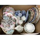 A box containing assorted decorative china to include various Wedgwood jasper ware pieces,