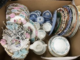 A box containing assorted decorative china to include various Wedgwood jasper ware pieces,