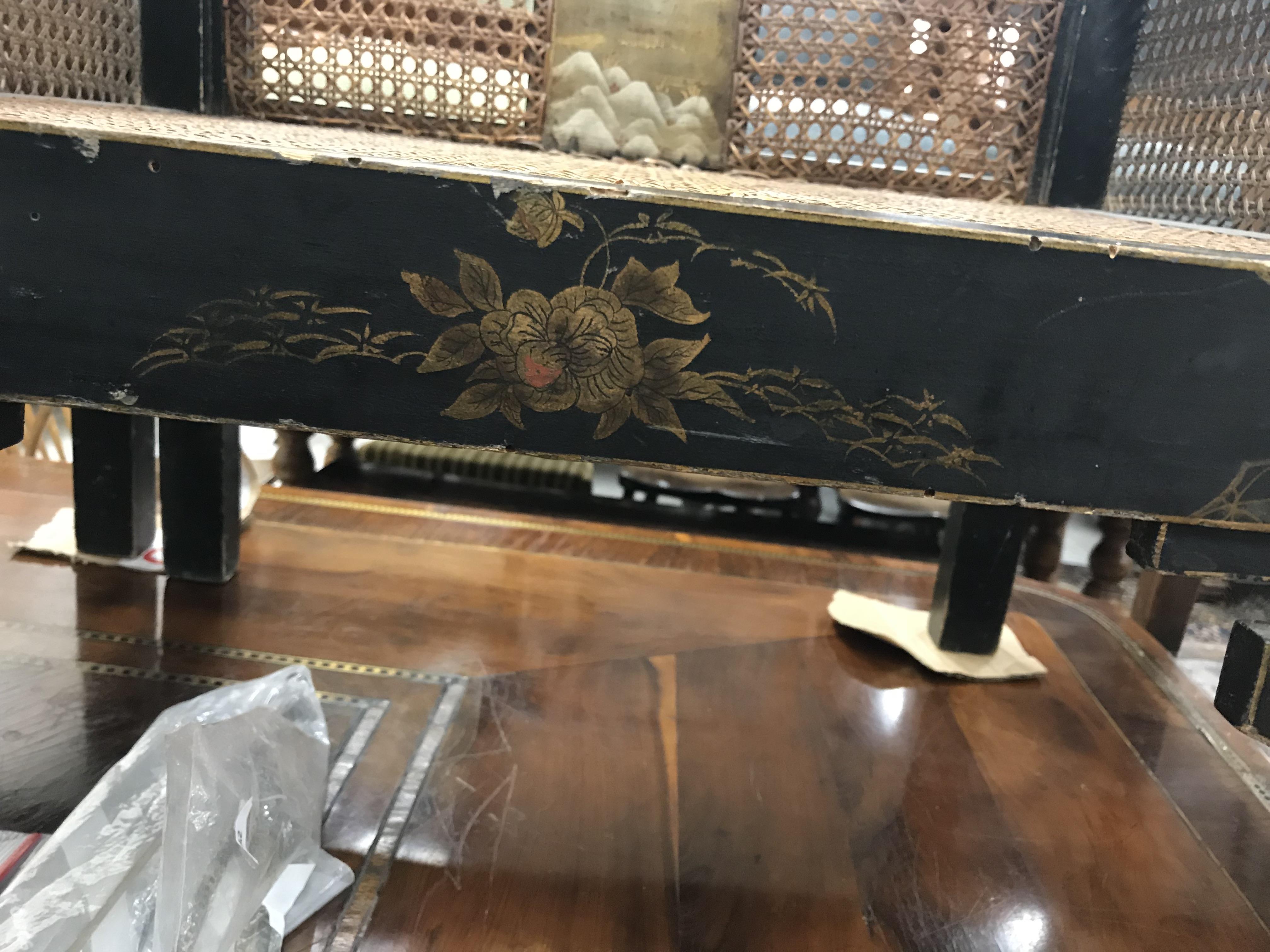 A pair of early 20th Century black lacquered and chinoiserie decorated caned low arm chairs on - Image 3 of 36