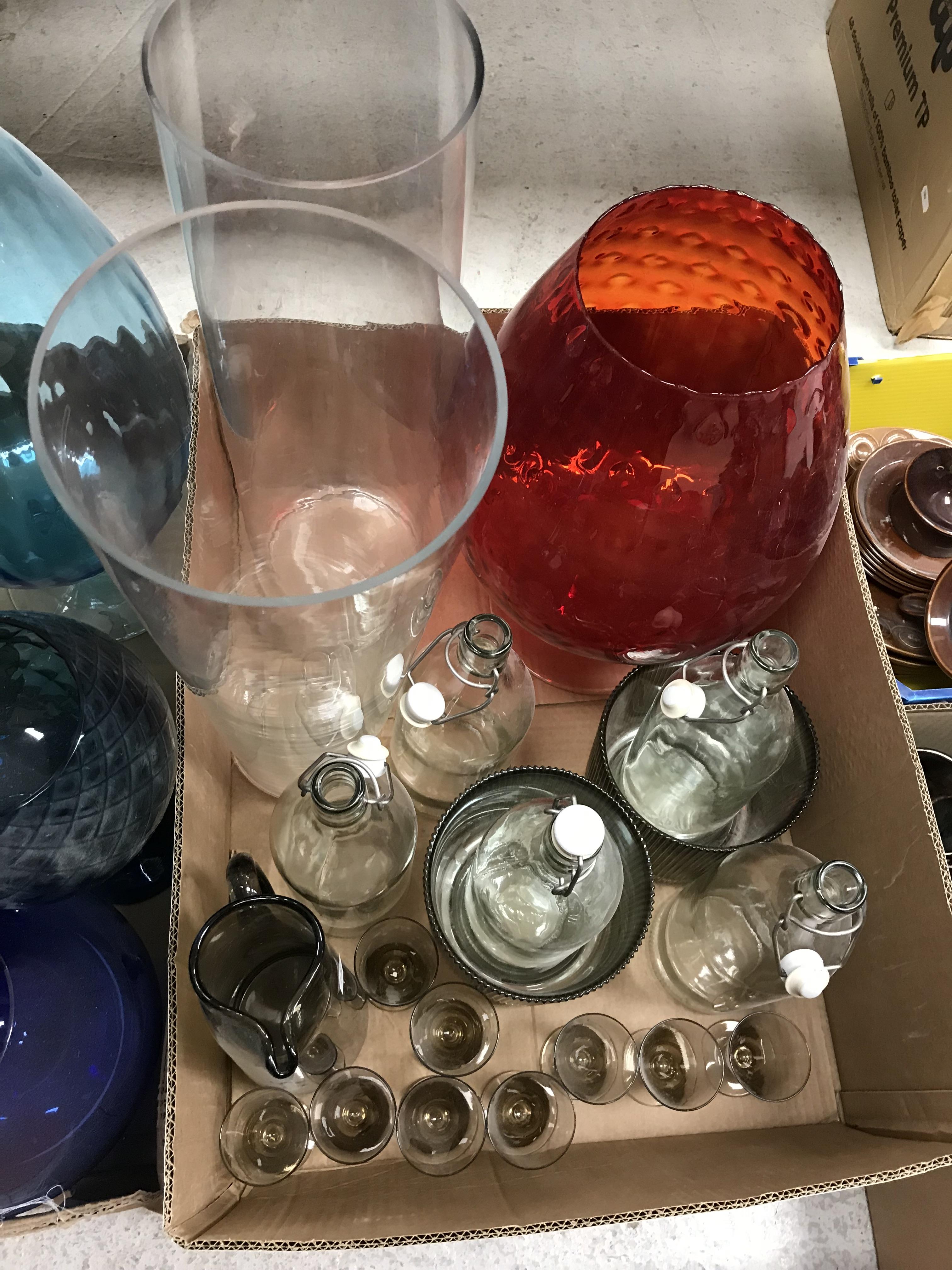 Two boxes of assorted mid 20th Century coloured glass vases as over sized goblets, - Image 2 of 4