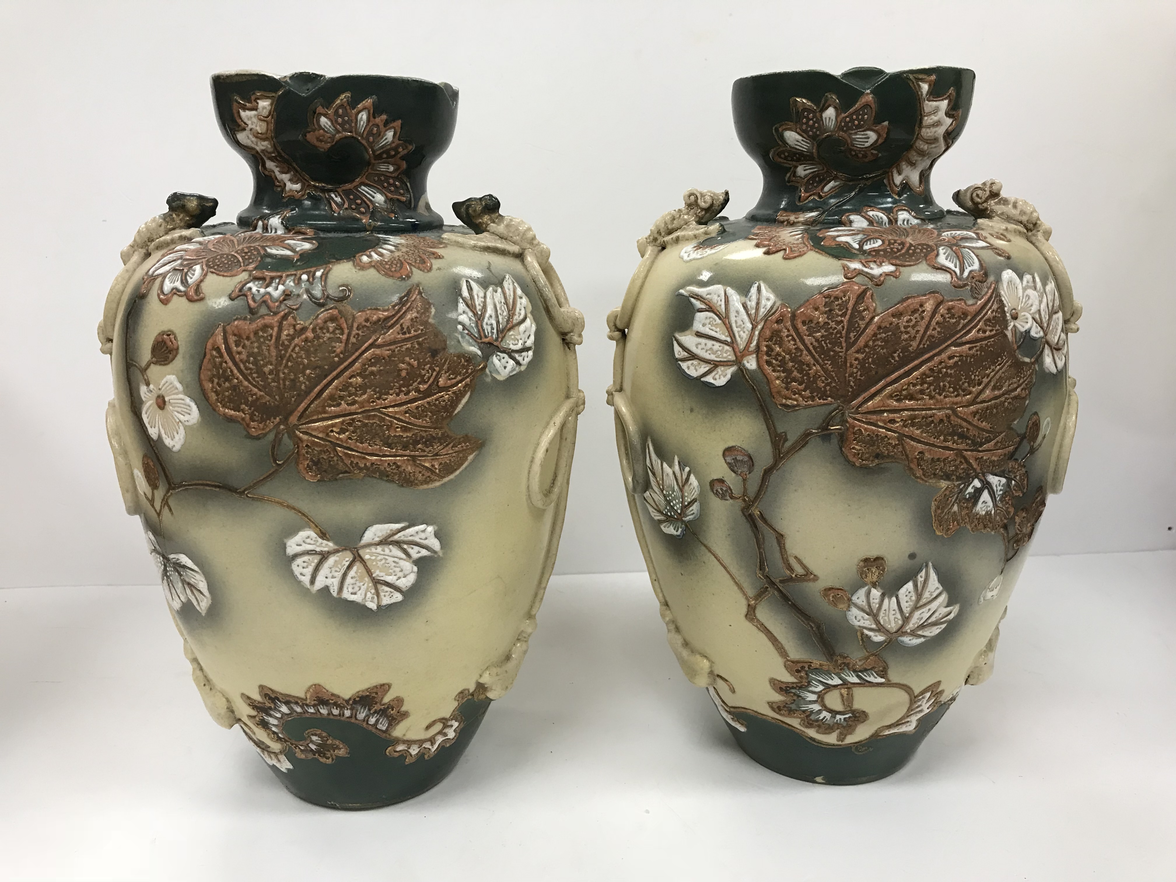 A pair of early 20th Century Japanese satsuma ware vases with relief work bird and knot decorated - Image 2 of 4