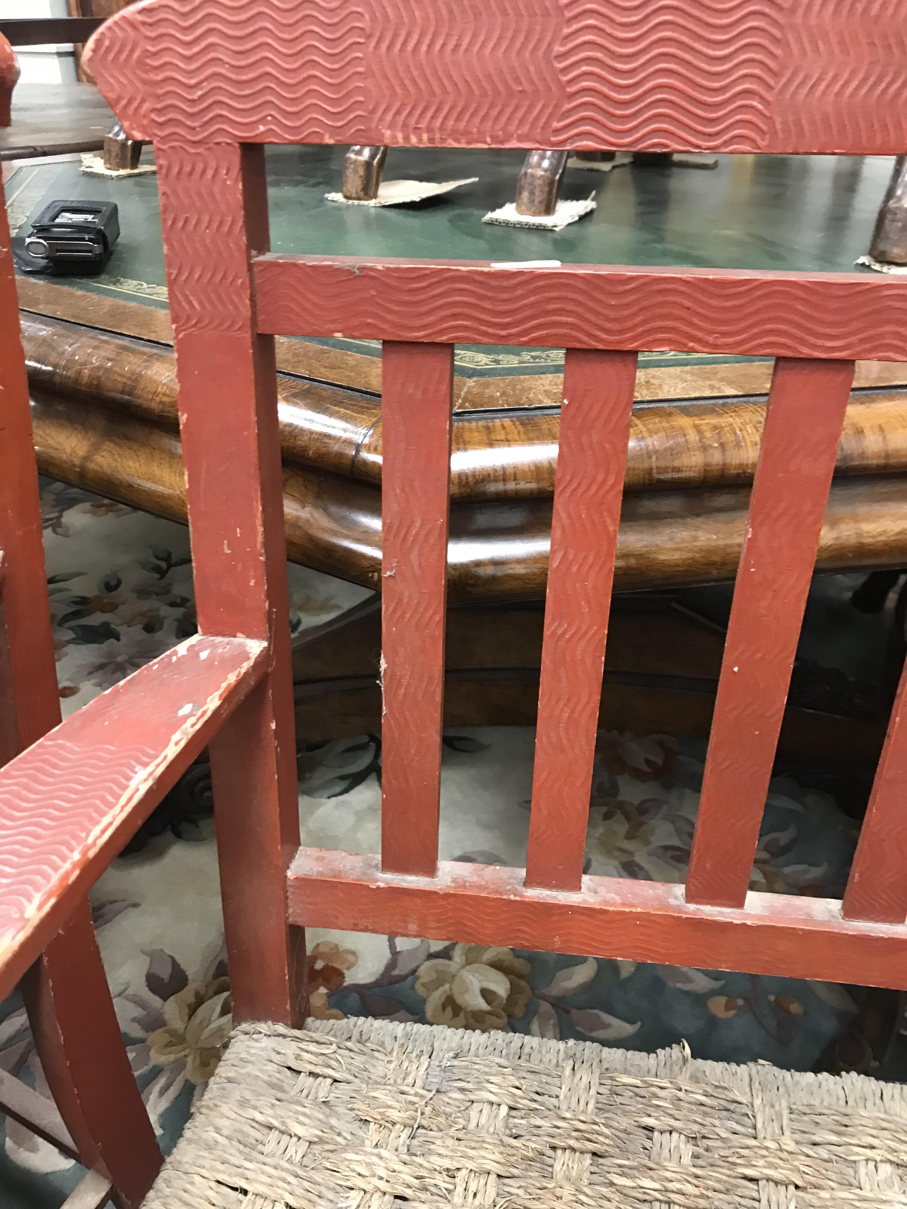 A set of six mid 20th Century red painted wrigglework decorated framed dining chairs, - Image 124 of 128